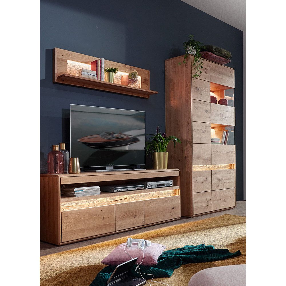 Lomadox Wohnzimmer-Set WELLAND-69, (Mega-Spar-Set, 3-St., Lowboard Vitrine), in Eiche massiv geölt inkl. Beleuchtung, montiert