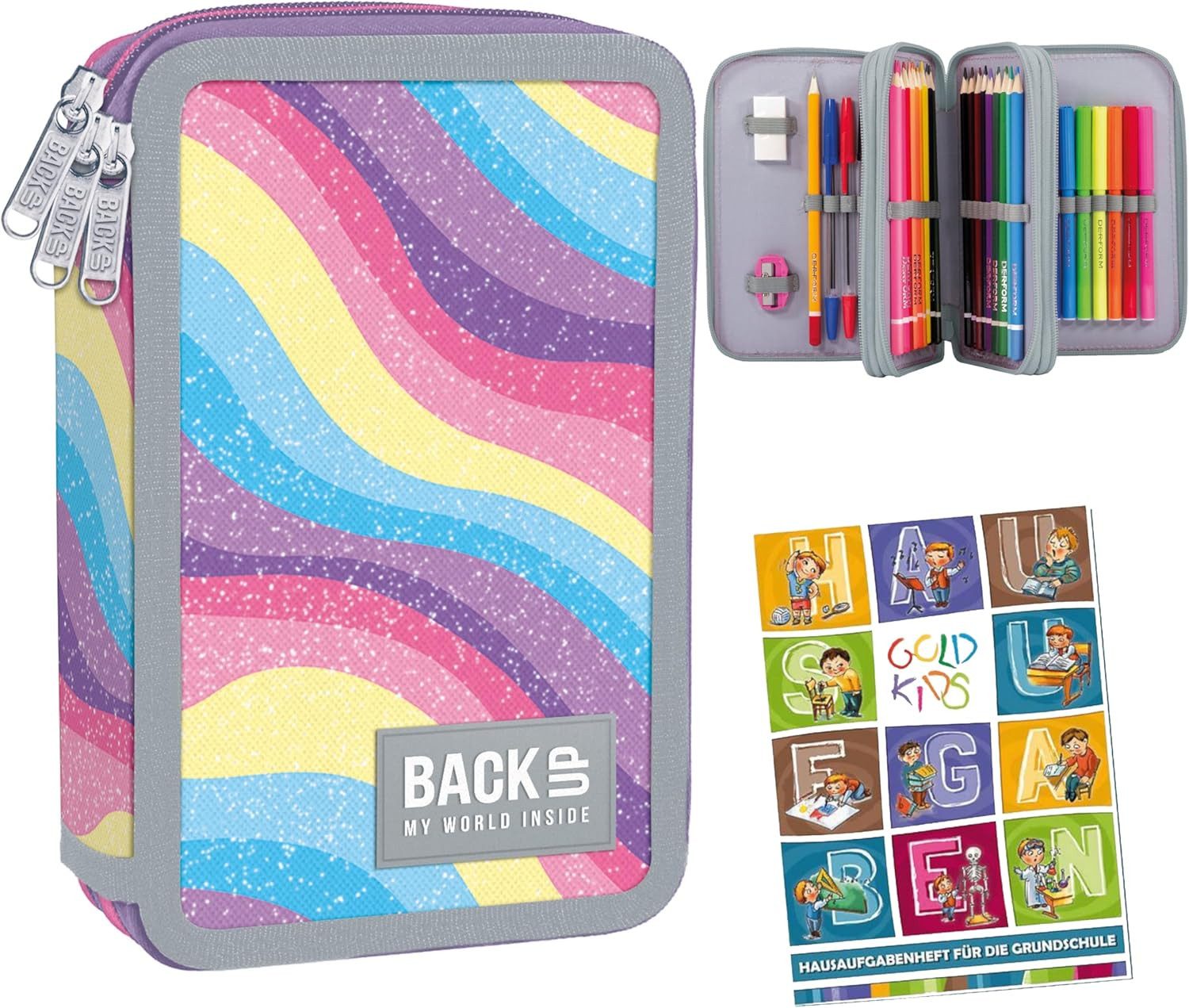 GOLDKIDS Federmäppchen 3 Fächer - Mäppchen für Mädchen - Federmappe, (Mäppchen für Mädchen - Federmappe, 1-tlg., 3-Fach Federtasche Gefüllte Schüleretui), Hausaufgabenheft