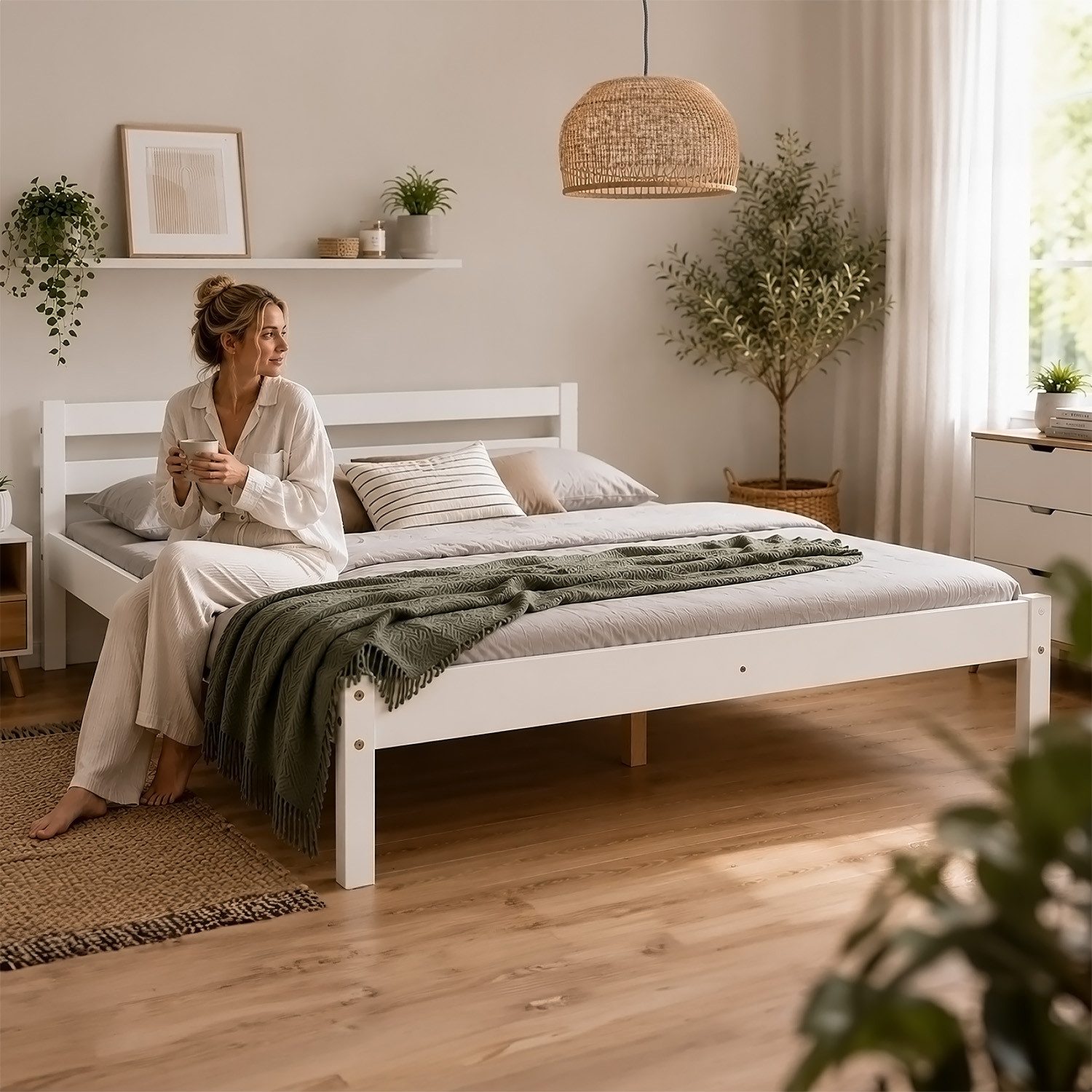 Homestyle4u Holzbett 90x200 mit Lattenrost niedrig Futonbett Kinderbett Natur Set (Set, mit Lattenrost), Weiß, 140x200