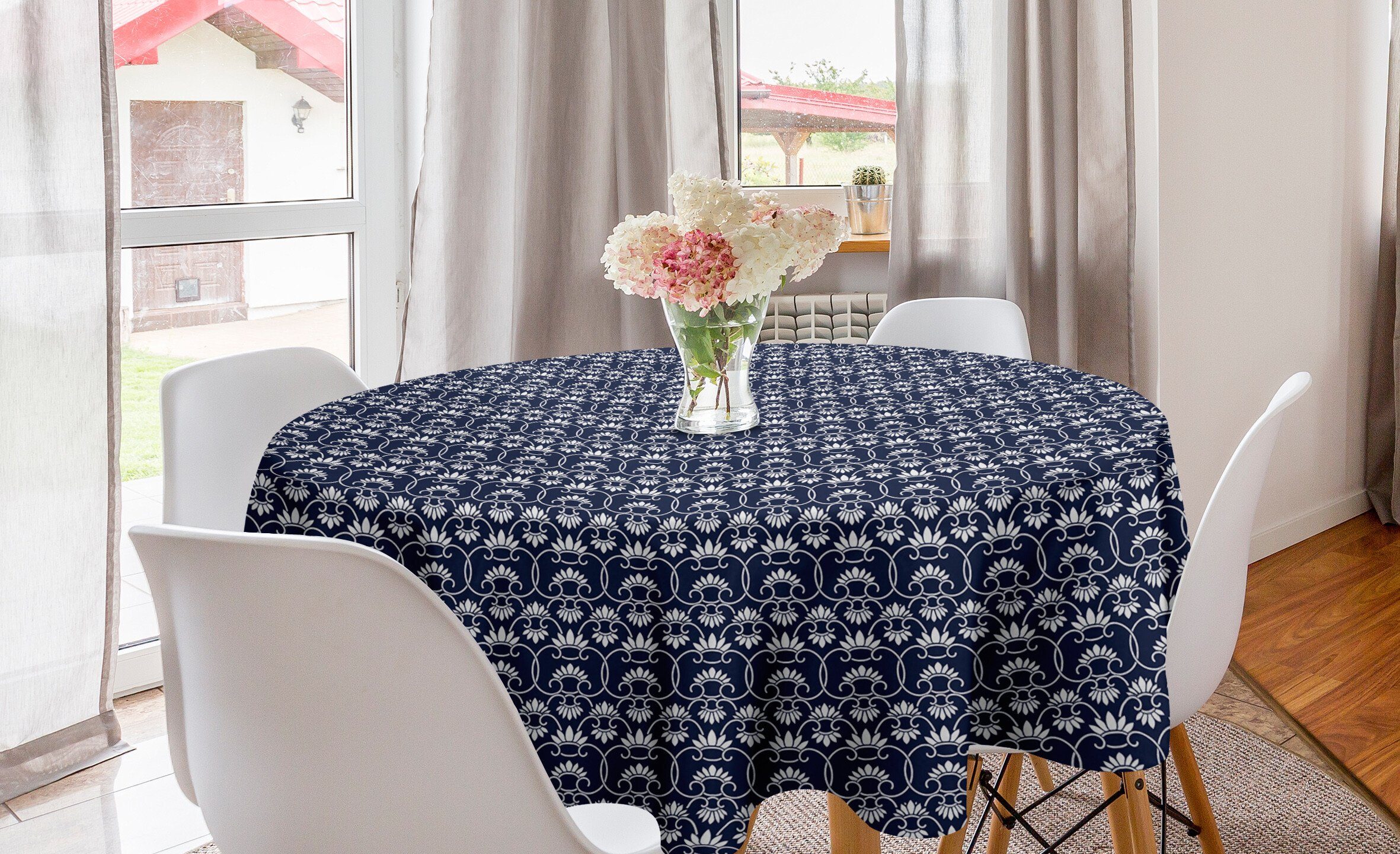 Abakuhaus Tischdecke Kreis Tischdecke Abdeckung für Esszimmer Küche Dekoration, Chinesisch Kurvige Blumenmotiv-Fliese