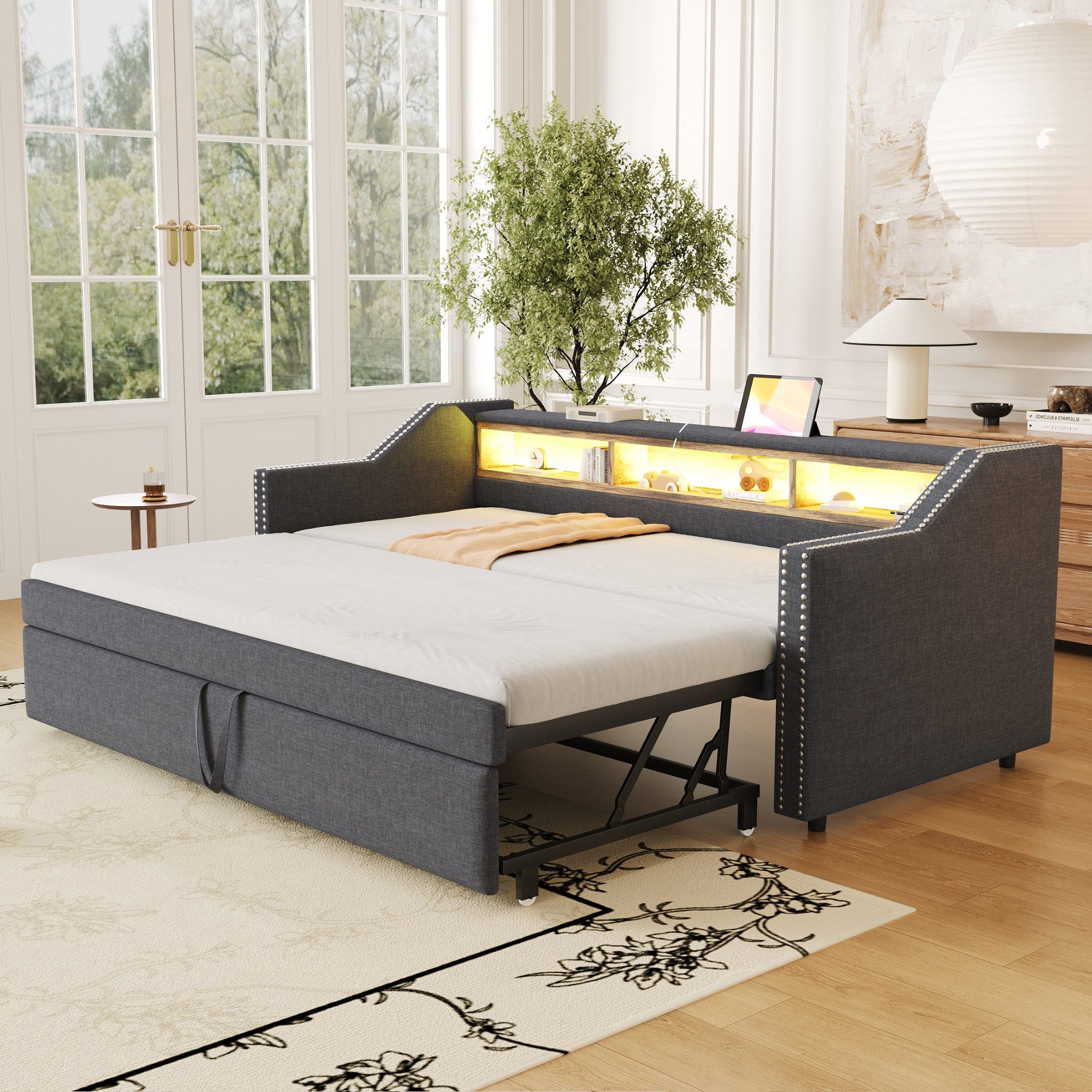 Polsterbett Einzelbett 90x200 Cm Mit Stauraum & USB-C – Jugendbett In Grau, Samt, Ohne Matratze