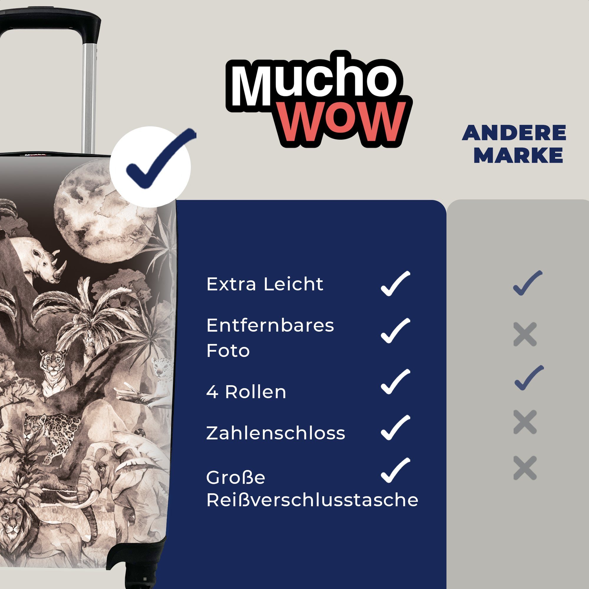 Handgepäckkoffer Rollen, Trolley, Reisekoffer 4 Reisetasche Dschungel Kinder Tiere mit - Bäume - Pflanzen, - Ferien, MuchoWow für - rollen, Handgepäck