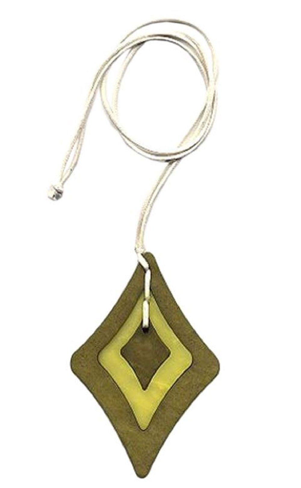 unbespielt Collier Kette Kunststoff-Anhänger Rhombus oliv-lindgrün Kordel beige 90 cm, Modeschmuck für Damen