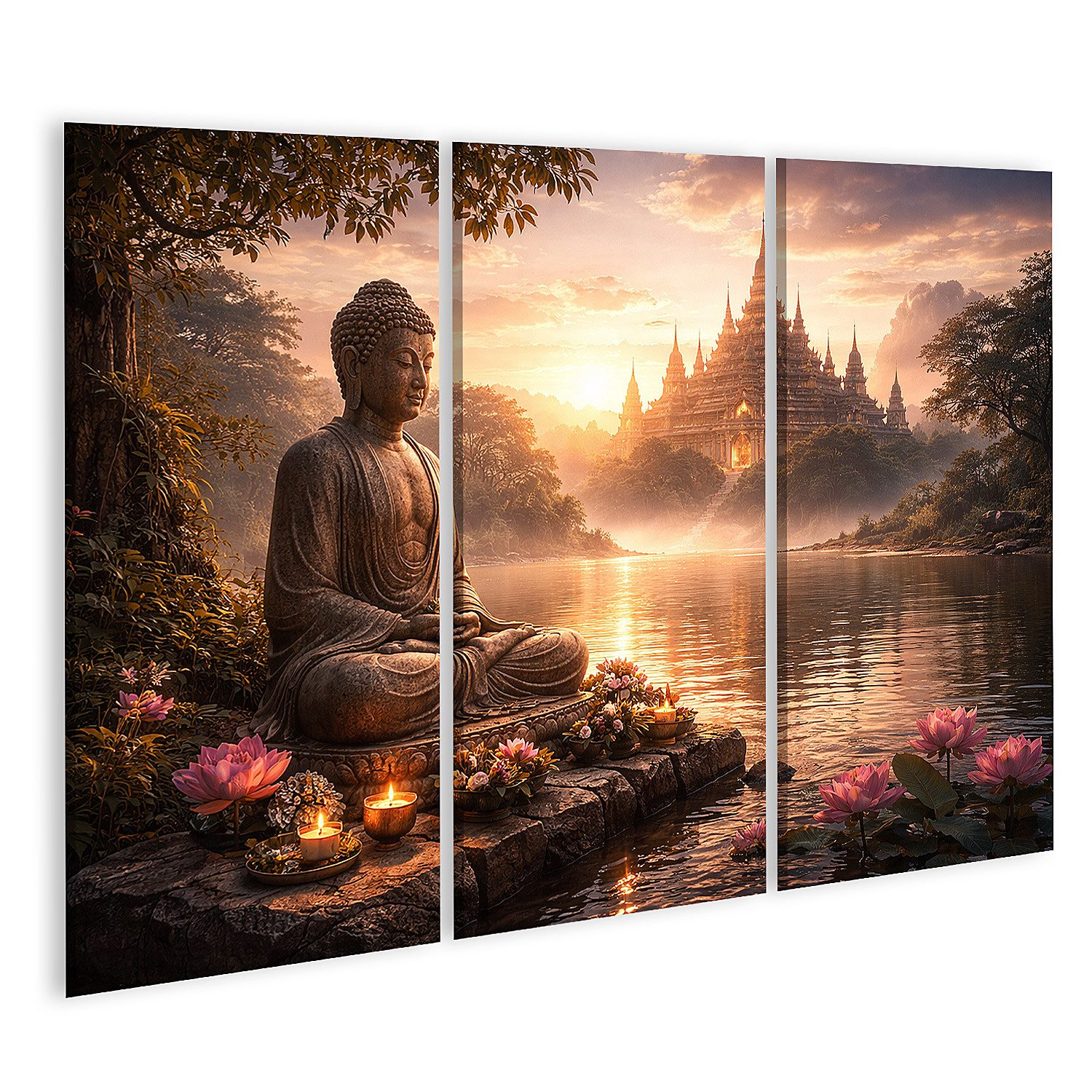islandburner Leinwandbild Buddha Statue am See mit Lotusblumen und Tempel im Hintergrund -