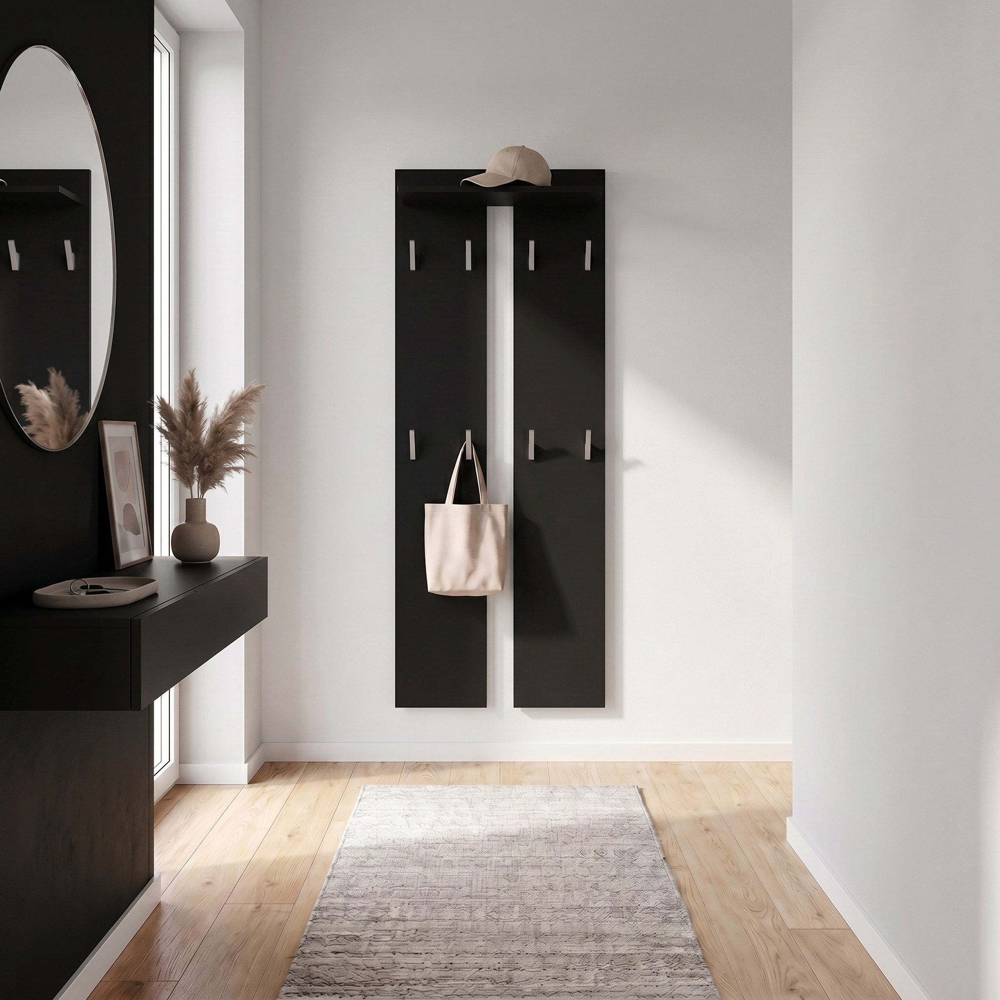 Vladon Garderobenpaneel Wandpaneel 170 (Garderobenpaneel, bestehend aus 2 Paneelen und 1 Ablagefläche), Schwarz matt (57 x 170 x 20 cm)