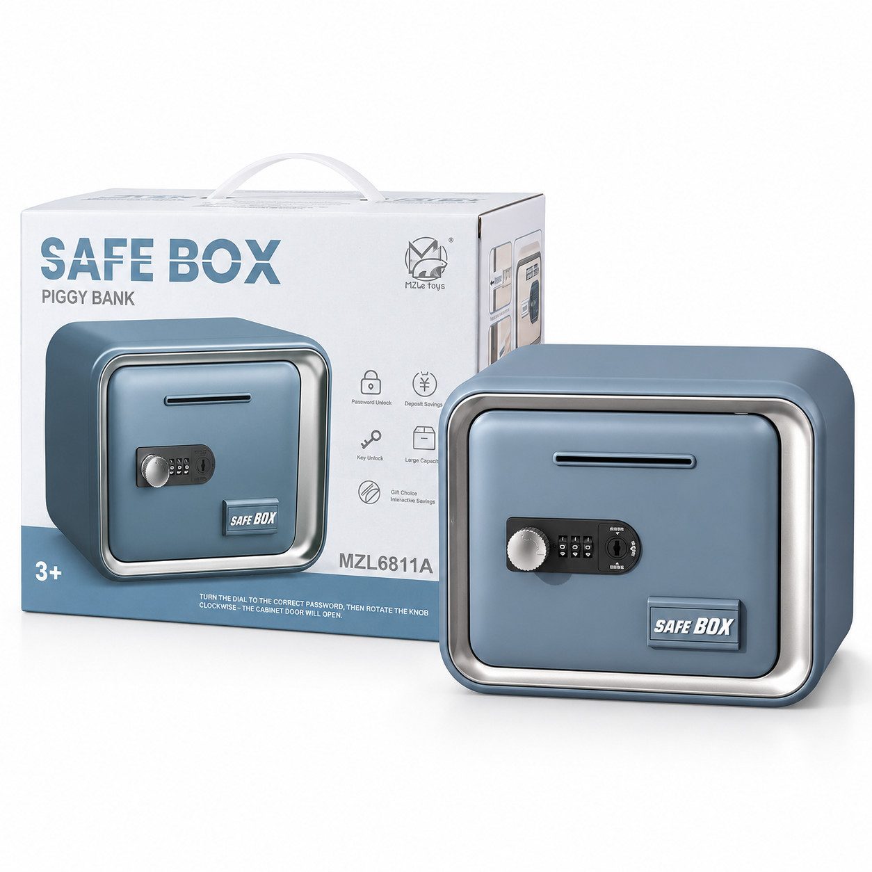 ibettertec Spardose Sparschwein, Sparbox für Kinder & Jugendliche mit Geldschein-Einwurf, (Geldkassette mit Zahlenschloss & Schlüssel), kompakt für Schublade, Regal & Zimmer