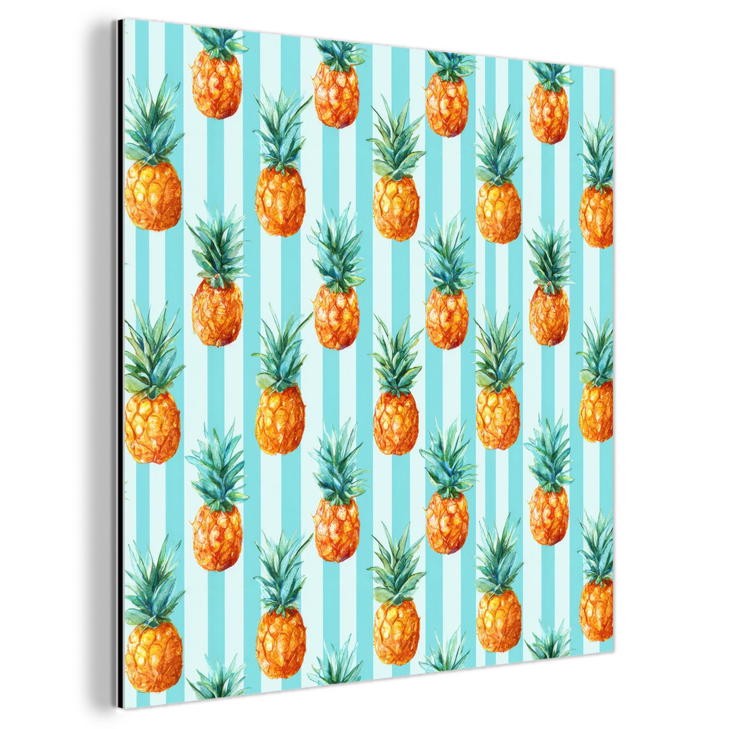 MuchoWow Metallbild Ananas - Streifen - Grün, Inkl. Aufhängung, Alu-Dibond-Druck, Wandbild aus Metall, Aluminium deko, 20x20 cm