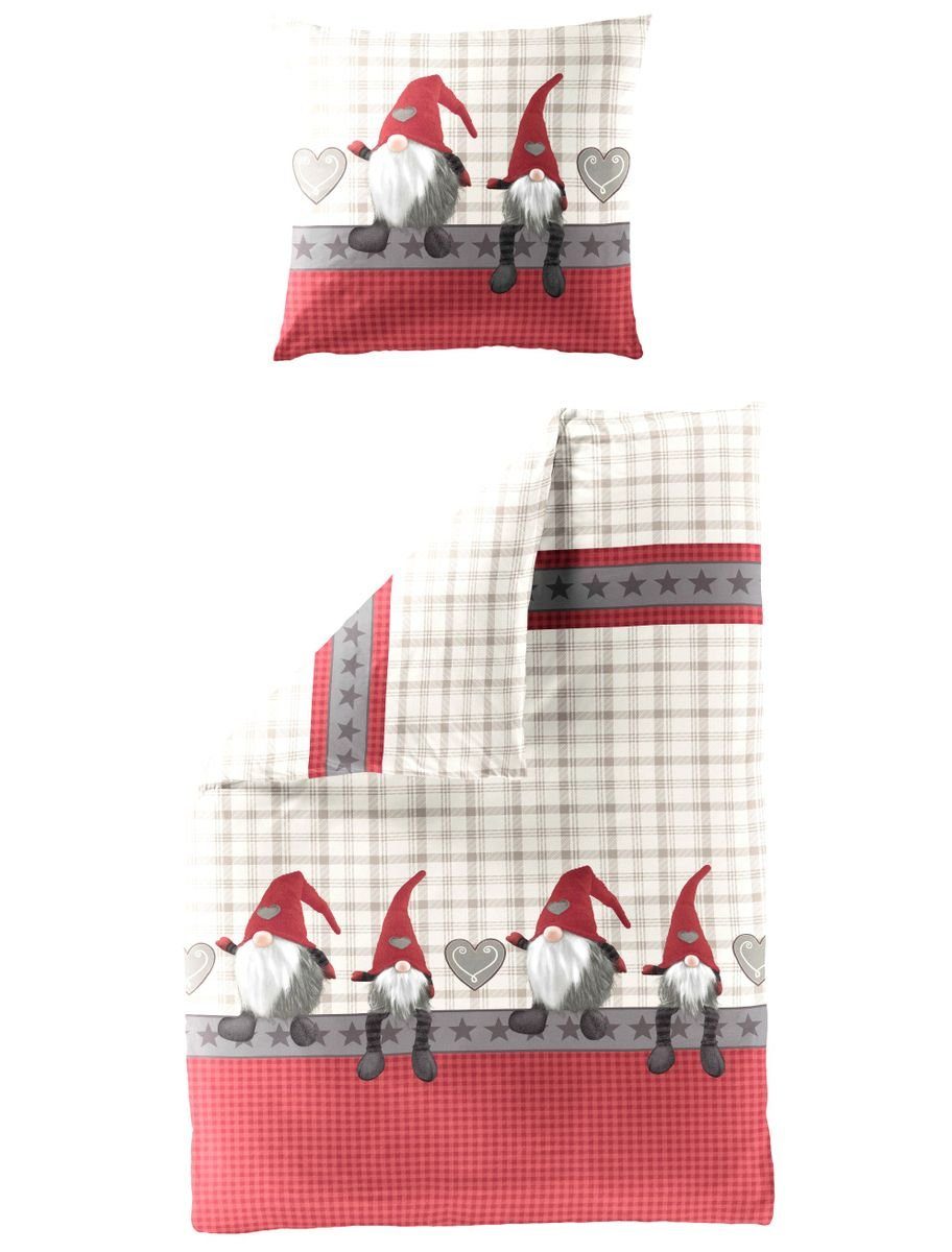 BIERBAUM Bettwäsche 135x200cm Wichtel + Herzen Rot Sand Grau, Biber, 2 teil günstig online kaufen