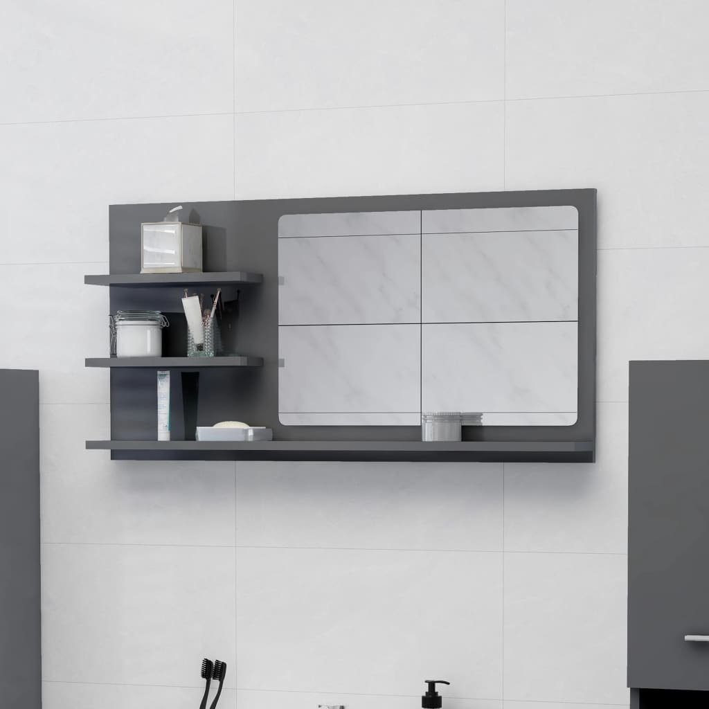 Badezimmerspiegelschrank vidaXL (1-St) 90x10,5x45 cm Hochglanz-Grau Badspiegel Holzwerkstoff