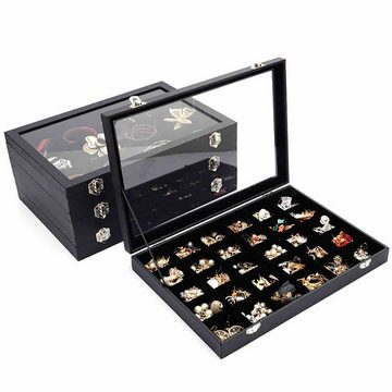 Sinoba Schmuckkasten Schmucklade Schmuckkästchen Schmuckbox für Ringe Ketten Ohrringe, Holz-Korpus, Velours-Bezug, mit Echtglas-Deckel