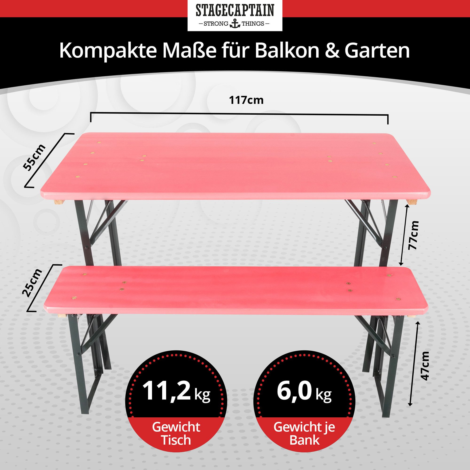 Stagecaptain Bierzeltgarnitur Hirschgarten BB-117 Sitzgarnitur 117 cm Länge, (Stehtisch Holz, 3-tlg., 2 x Bank, 1 x Tisch), Sitzmöbelset für Balkon Outdoor & Indoor, klappbar
