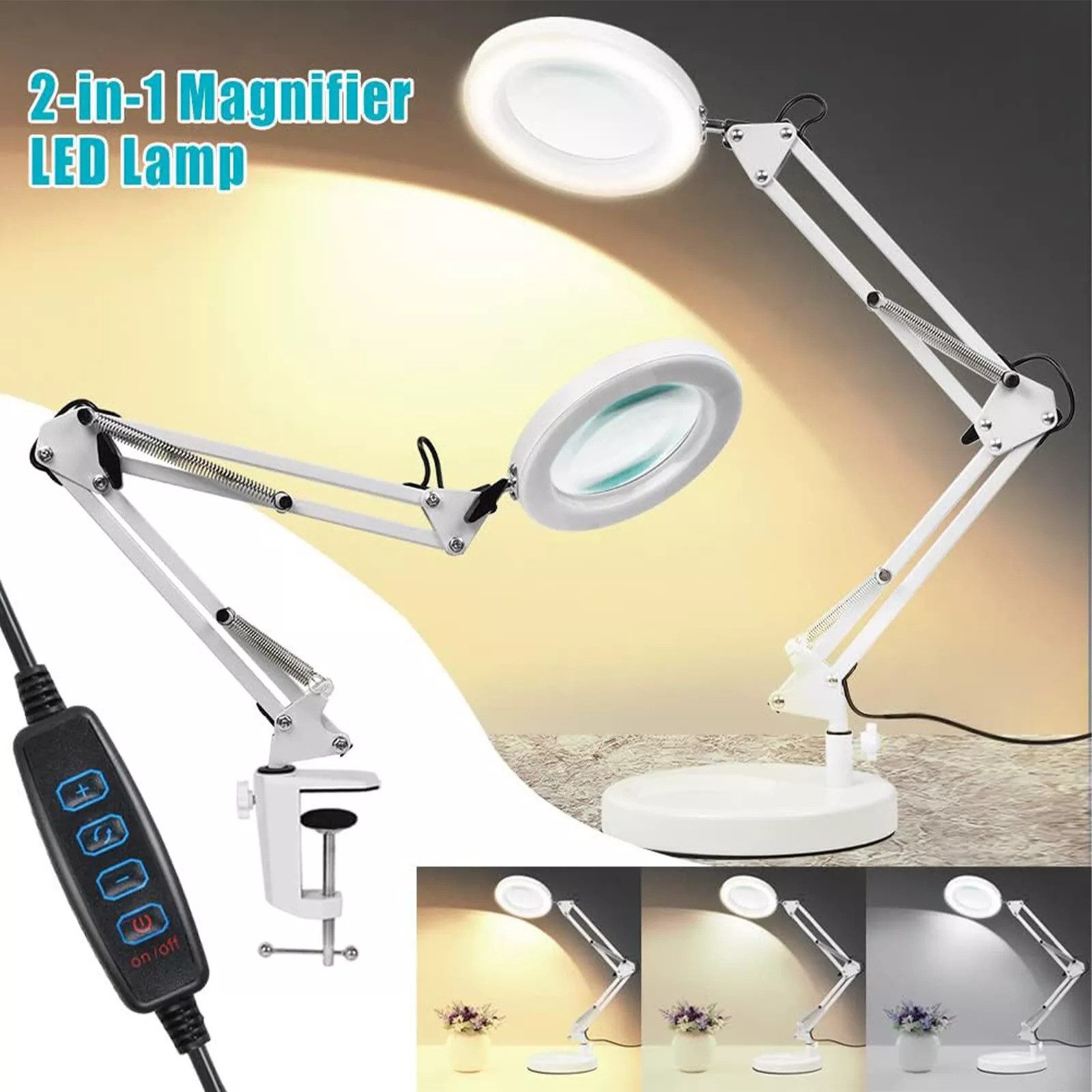 wohnTRAUM24 Lupenlampe LED Lupenleuchte 2-in-1 10X Lupe mit Licht und Ständer mit Klemme, LED fest integriert, Warmweiß bis Kaltweiß, 3 Farbmodi & 10 Helligkeitsstufen, für Lesen, Nähen, Basteln, Senioren
