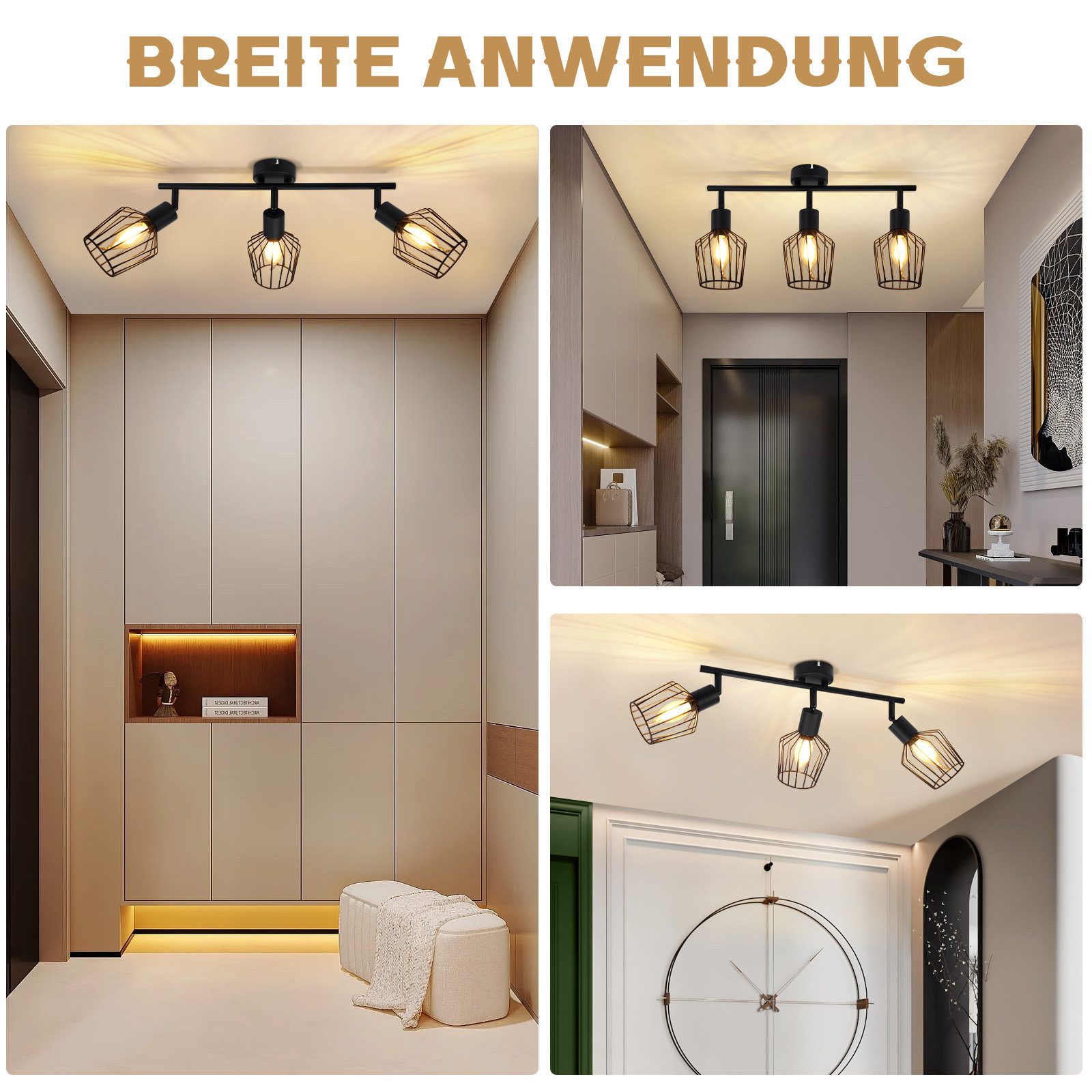 ZMH Deckenleuchte Wohnzimmer 3 Flammig Vintage E14 Deckenstrahler 90° Drehpunkt für Flur, IP20 Staubgeschützt Schwenkbar Vintage Ceiling Spot, ohne Leuchtmittel, Home Flexibilität