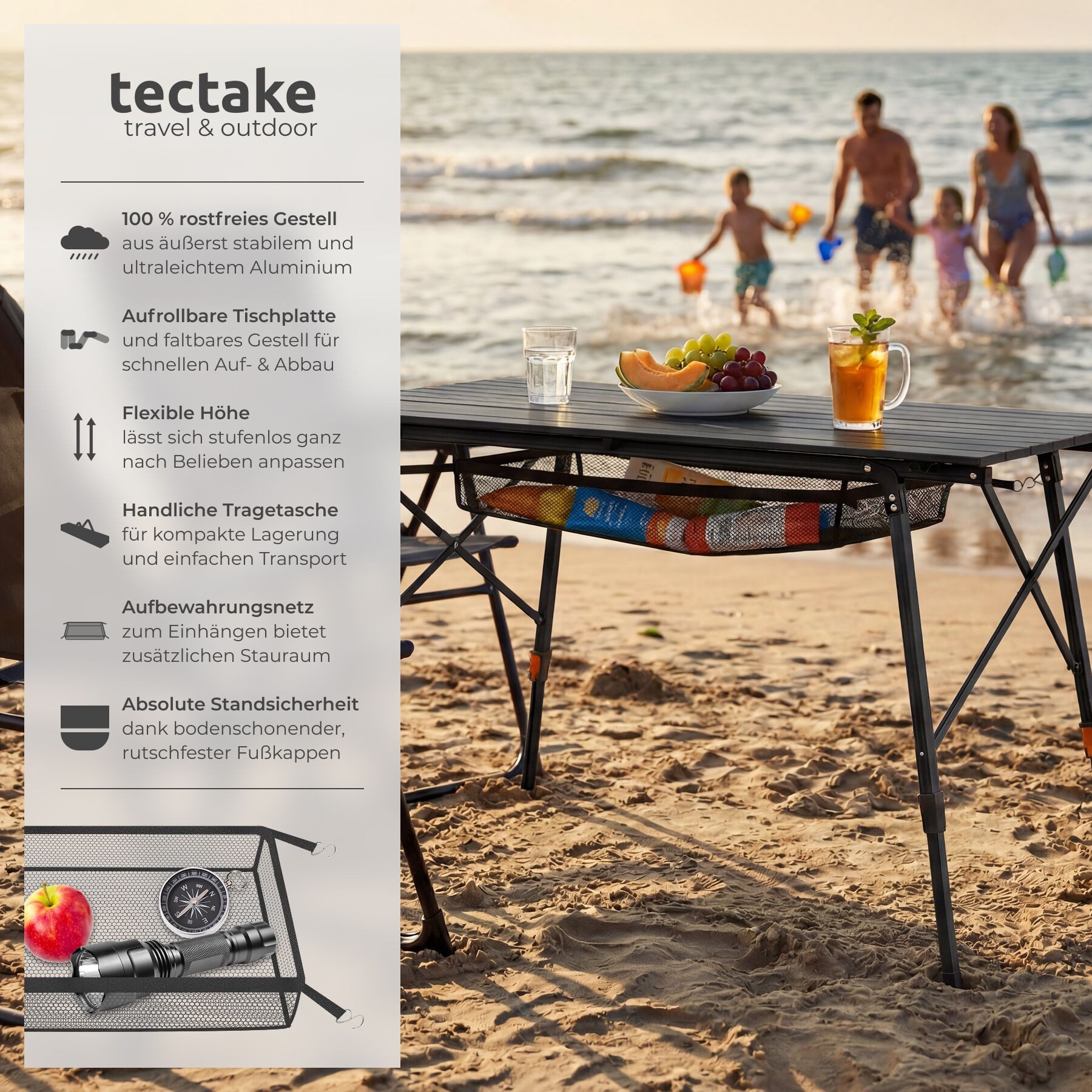 tectake Campingtisch Aluminium Klapptisch - faltbar, wetterfest, 90 x 52 x 47 - 70 cm (Outdoor Beistelltisch Tina, 1-St., 1 tlg), Stabiler Campingtisch mit praktischer Faltfunktion
