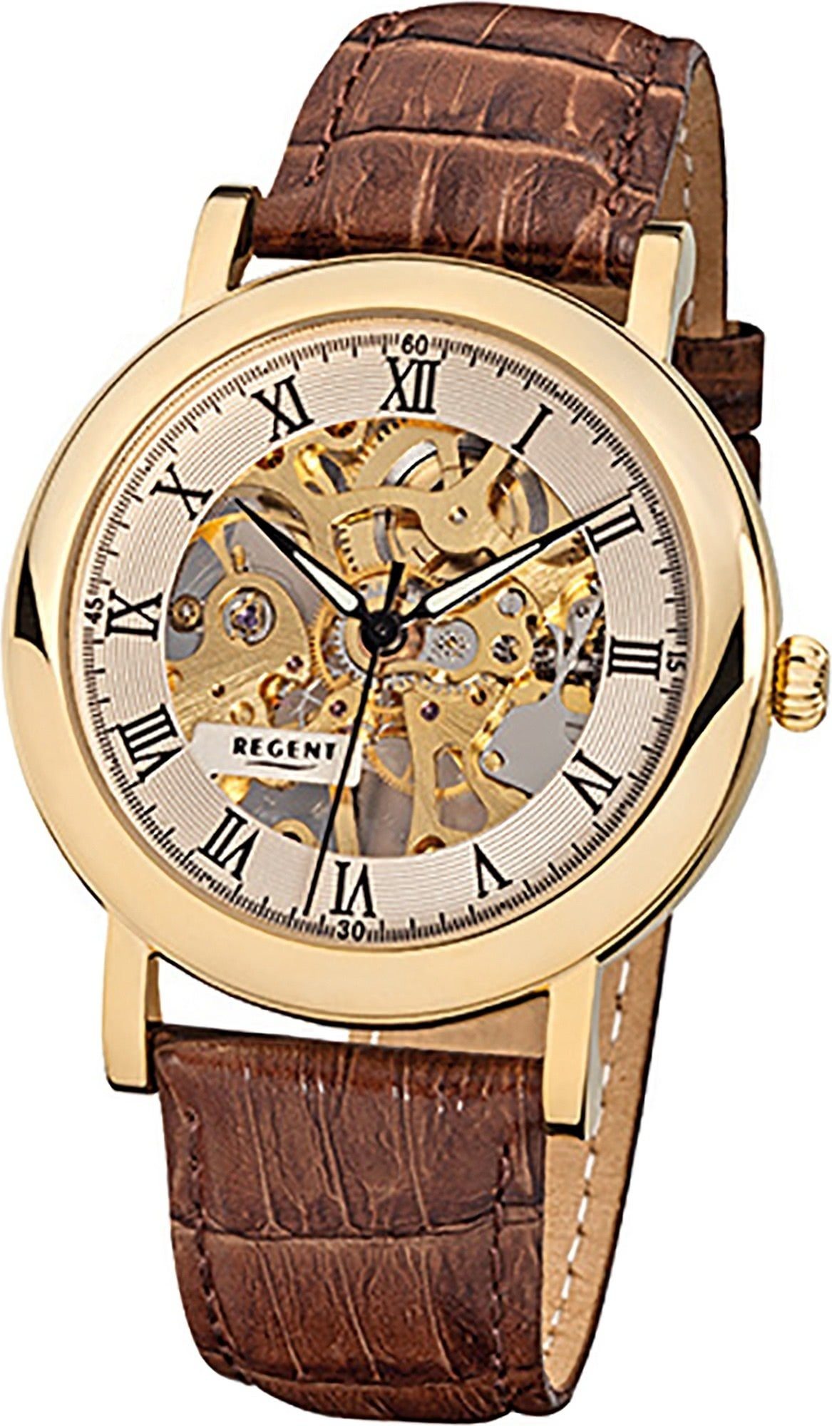Regent Quarzuhr Regent Leder Herren Uhr F-758 Handaufzug, (Analoguhr),  Herrenuhr Lederarmband, rundes Gehäuse, groß (ca 40mm) cremeweiß, gold