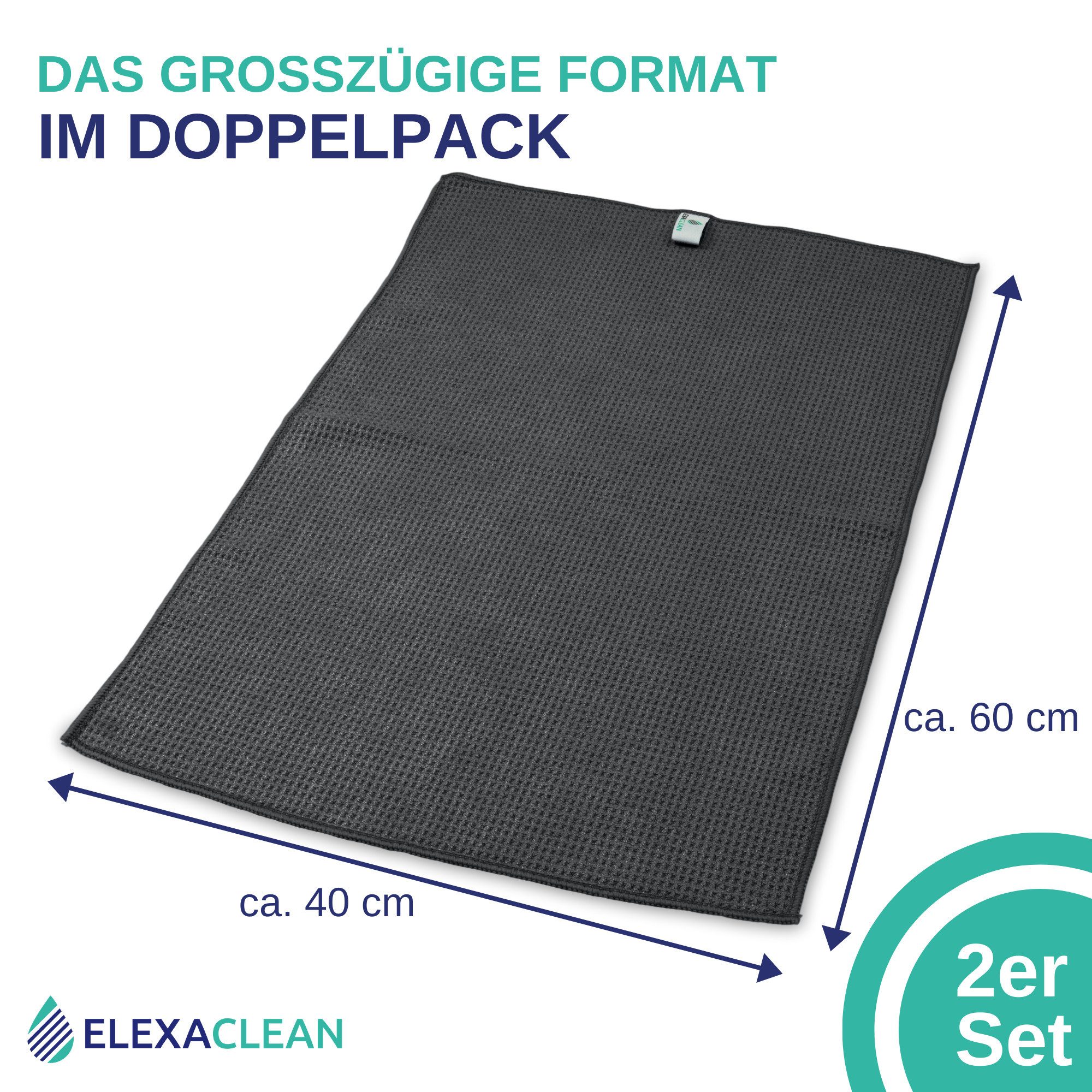 ELEXACLEAN Waffeltuch Trockentuch Mikrofasertuch (80% Polyester, 20% Polyamid, Set, 2-tlg., 60x40 cm, streifenfrei, fusselfrei, saugstark) – Bild 5 von 5