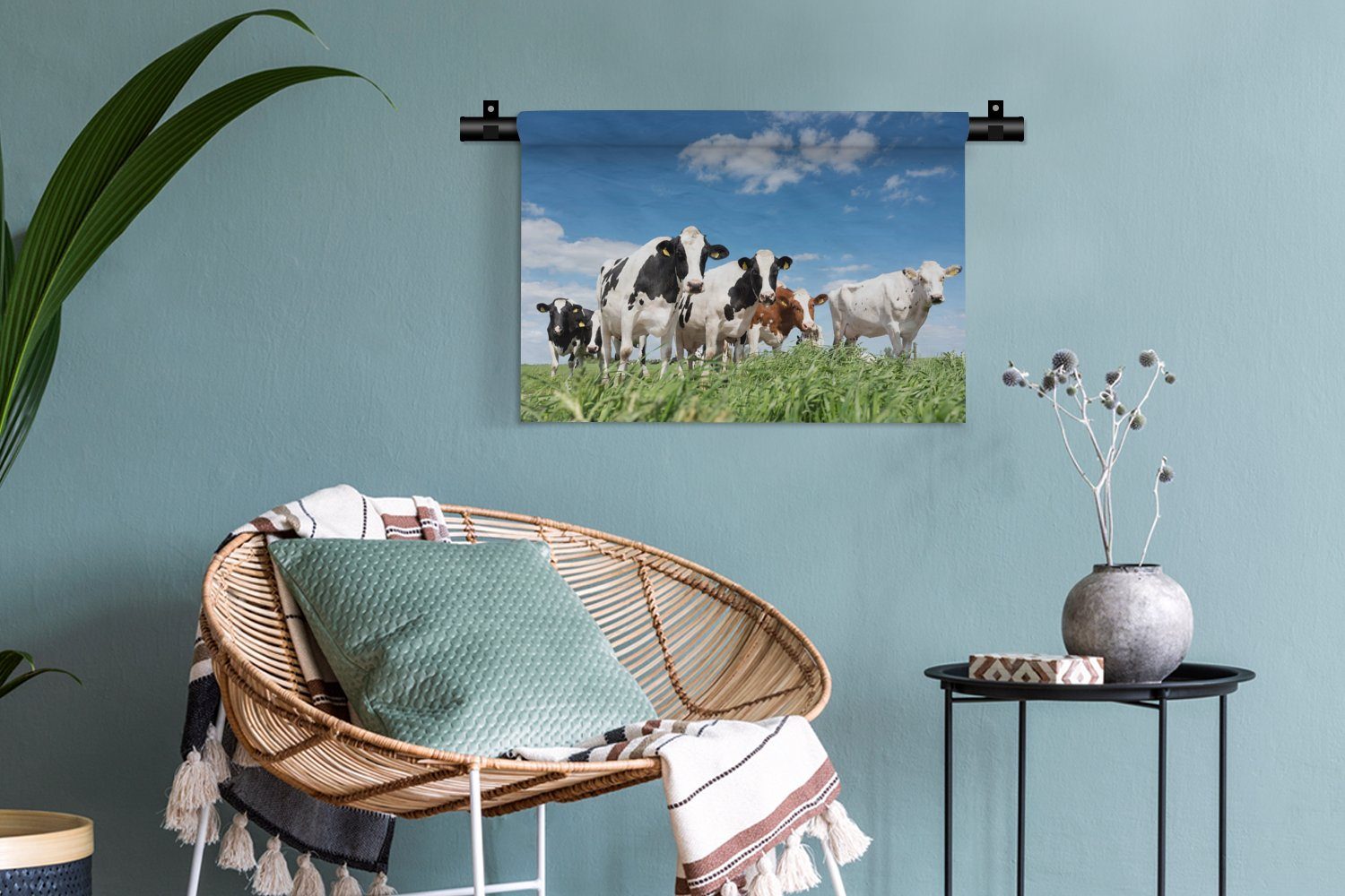 - Wanddekoobjekt Wohnzimmer, für MuchoWow Wandbehang, Schlafzimmer, Tiere, - Weide - Natur - Wanddeko Kühe Kleid, Kinderzimmer Landleben