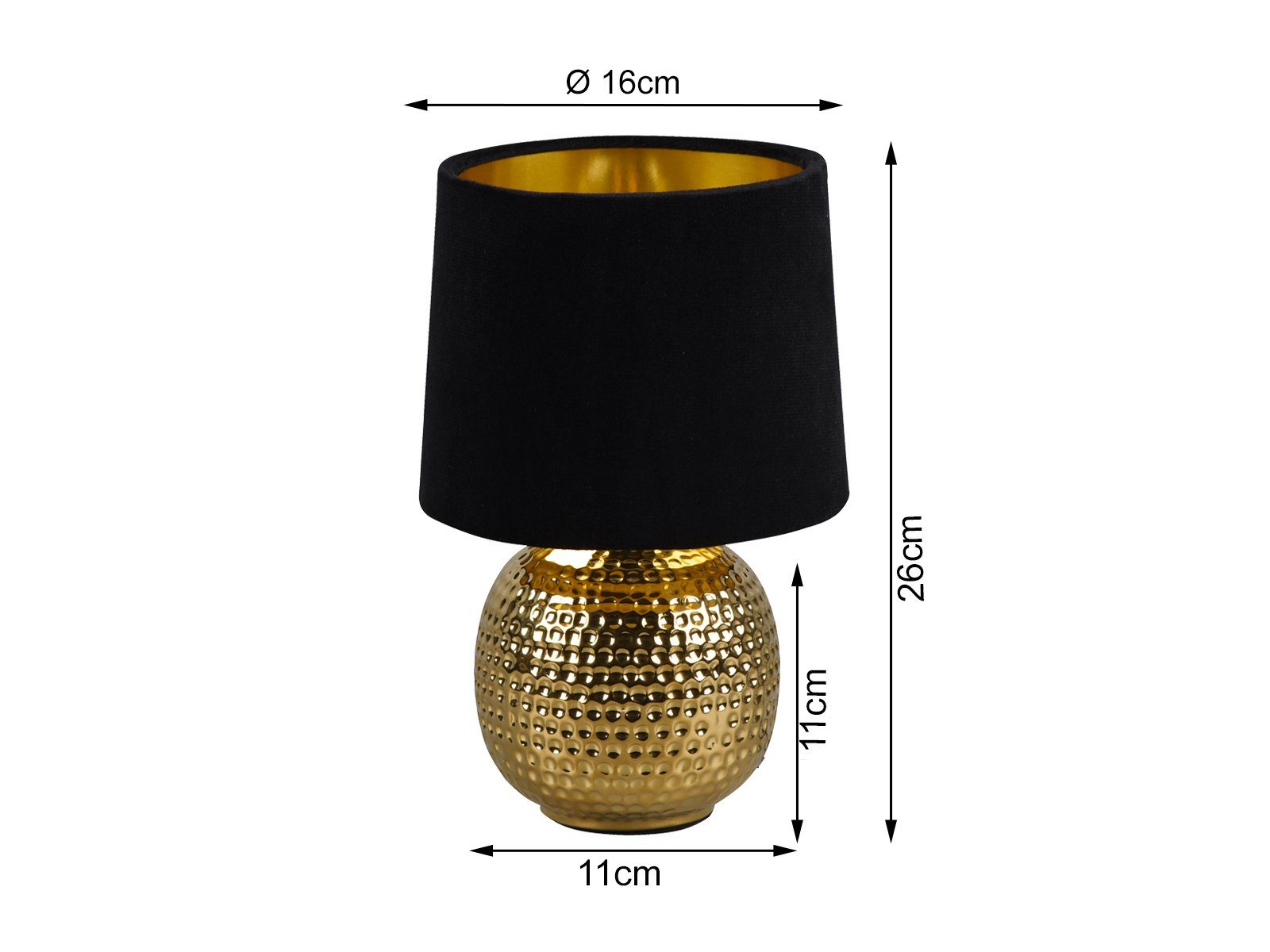 Reality Leuchten LED Nachttischlampe, Dimmfunktion, LED wechselbar, Warmweiß, kleine ausgefallen-e Samt Lampenschirm dimmbar Schwarz Gold-en H: 26cm