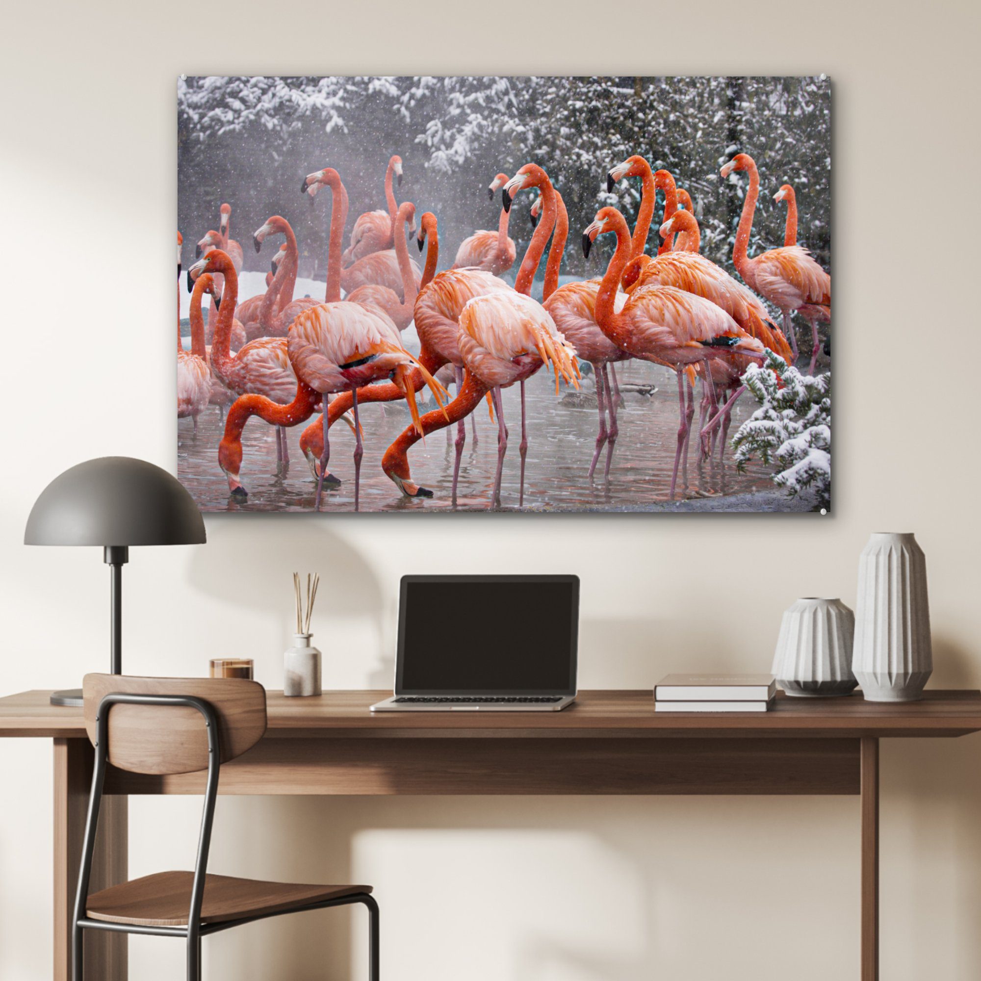 MuchoWow Flamingo Wohnzimmer & Acrylglasbild - Schnee Wasser, St), Schlafzimmer Acrylglasbilder - (1