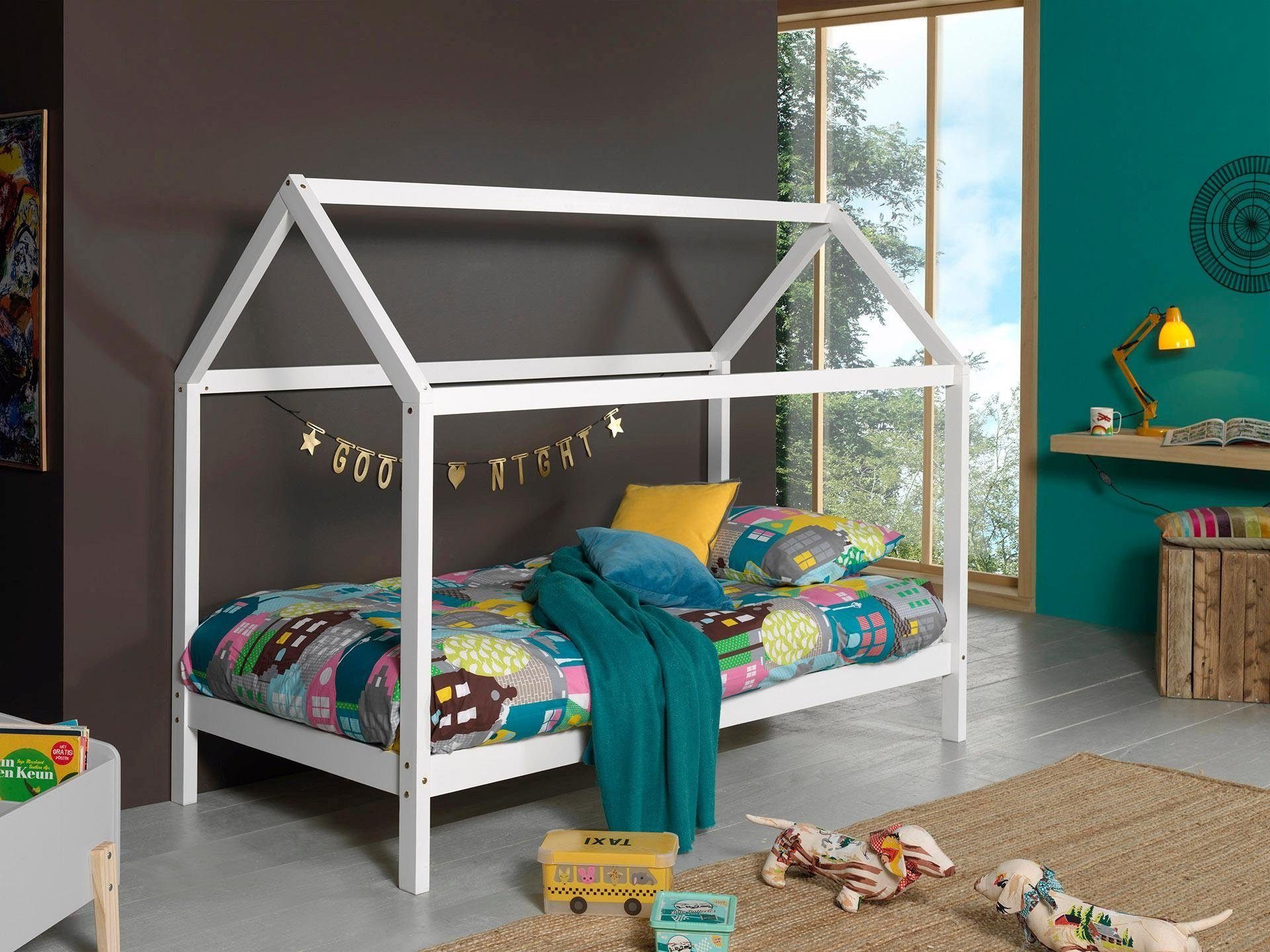 Vipack Hausbett Dallas, Hausbett Kiefer massiv, stabil gebaut, mit Rolllattenrost (B/H/T ca. 208x158,5x98cm, das Dach lässt sich noch hübsch dekorieren), wahlweise mit oder ohne Bettschublade, 2 Farben zur Wahl