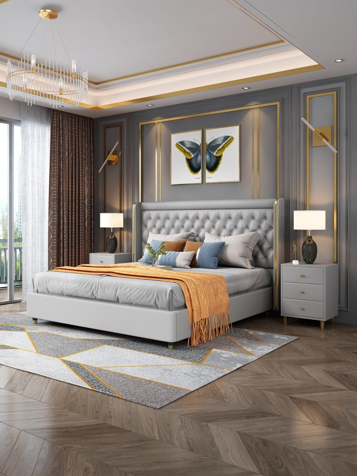 JVmoebel Bett, Klassisches Bett Doppelbett Betten Holz Landhaus Stil Echtes Grau