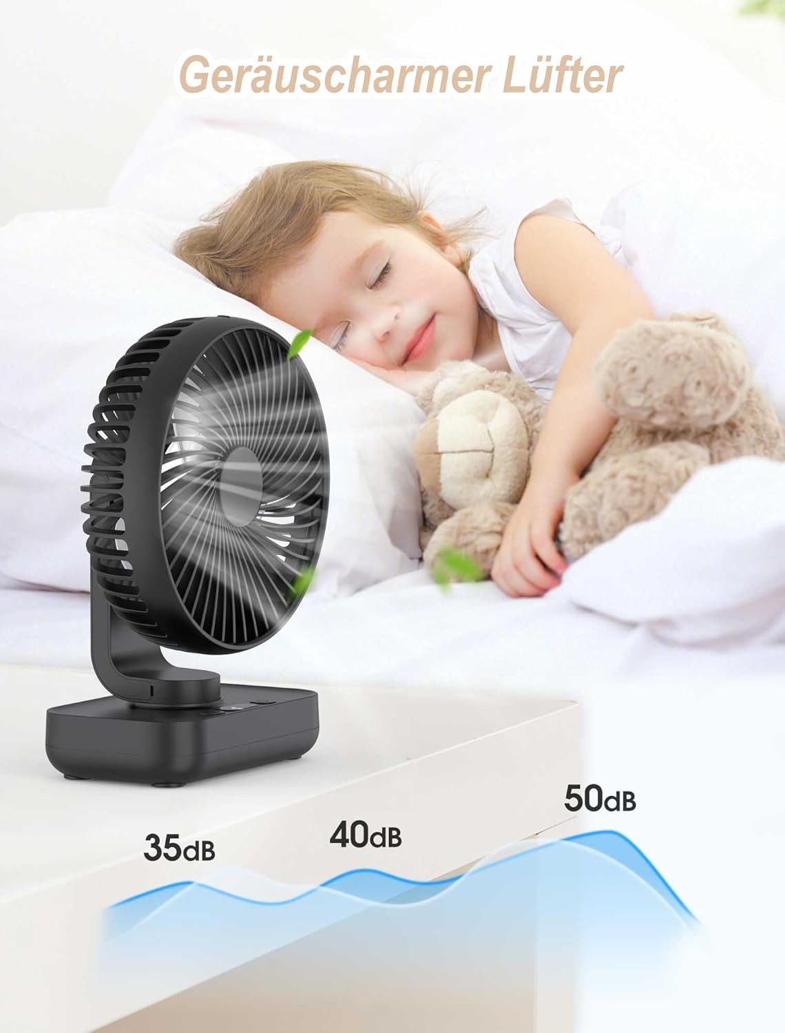 FELIXLEO Akku-Ventilator Tischventilator Leise USB Akku 4000mAh Oszillierend 4 Stufen – Bild 4 von 5