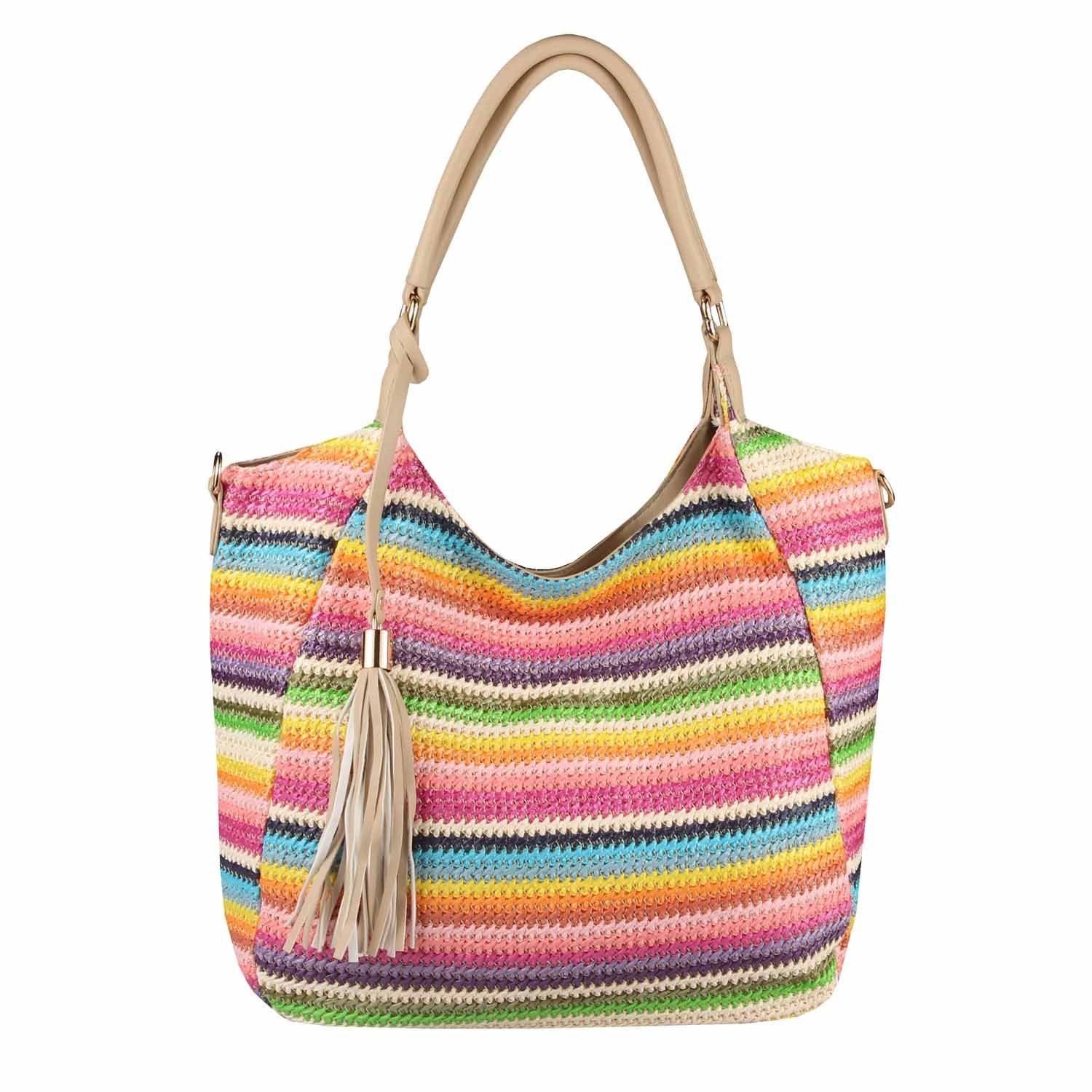 ITALYSHOP24 Schultertasche DAMEN TASCHE Strohtasche Shopper Tote Geflecht Häkeltasche Weekender, Boho Beuteltasche Leder Optik Sommer Basttasche Hobo Strand Urlaub
