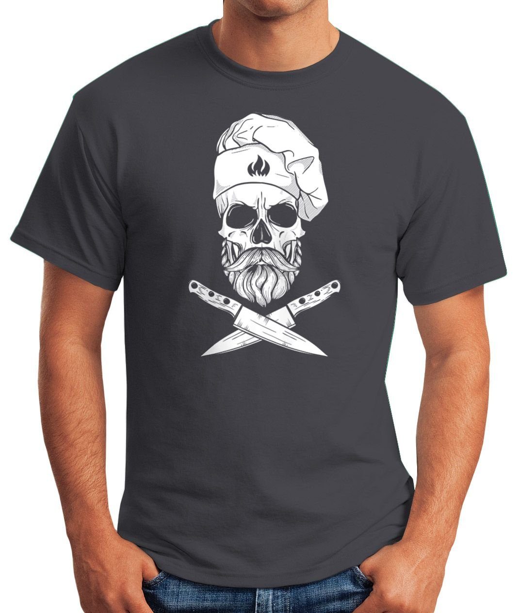 Grillen Messer Totenkopf Herren Chef MoonWorks Moonworks® Koch Print-Shirt Hipster grau mit Skull Print Grill-Shirt T-Shirt