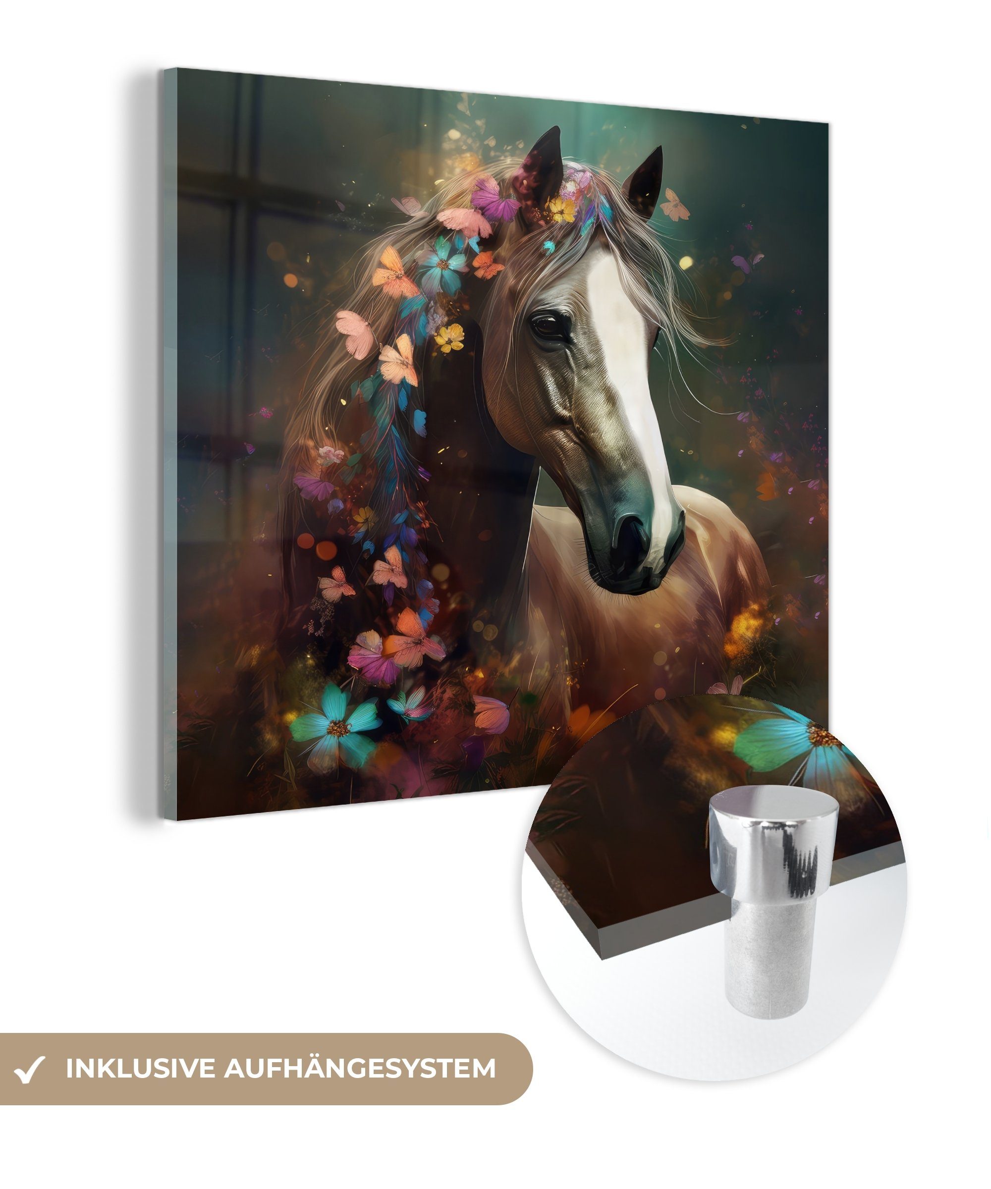 MuchoWow Acrylglasbild Tiere - Pferd - Natur - Schmetterling - Blumen, (1 St), Glasbilder - Bilder auf Glas Wandbild - Foto auf Glas - Wanddekoration