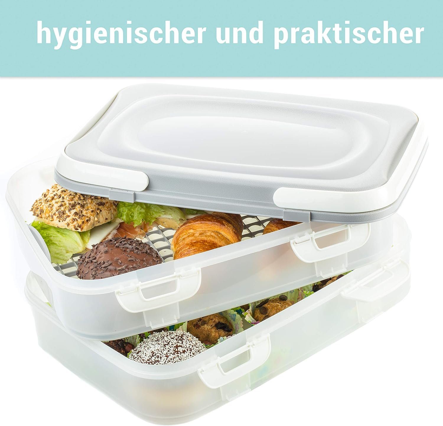Centi Kuchentransportbox Cupcake/ Muffin Transportbox - Kuchenbehälter, 2 Etagen Rechteckig, Kunststoff, (40x30x18cm grau), Rechteckig Partycontainer mit Hebeeinsatz + Deckel mit Tragegriffen