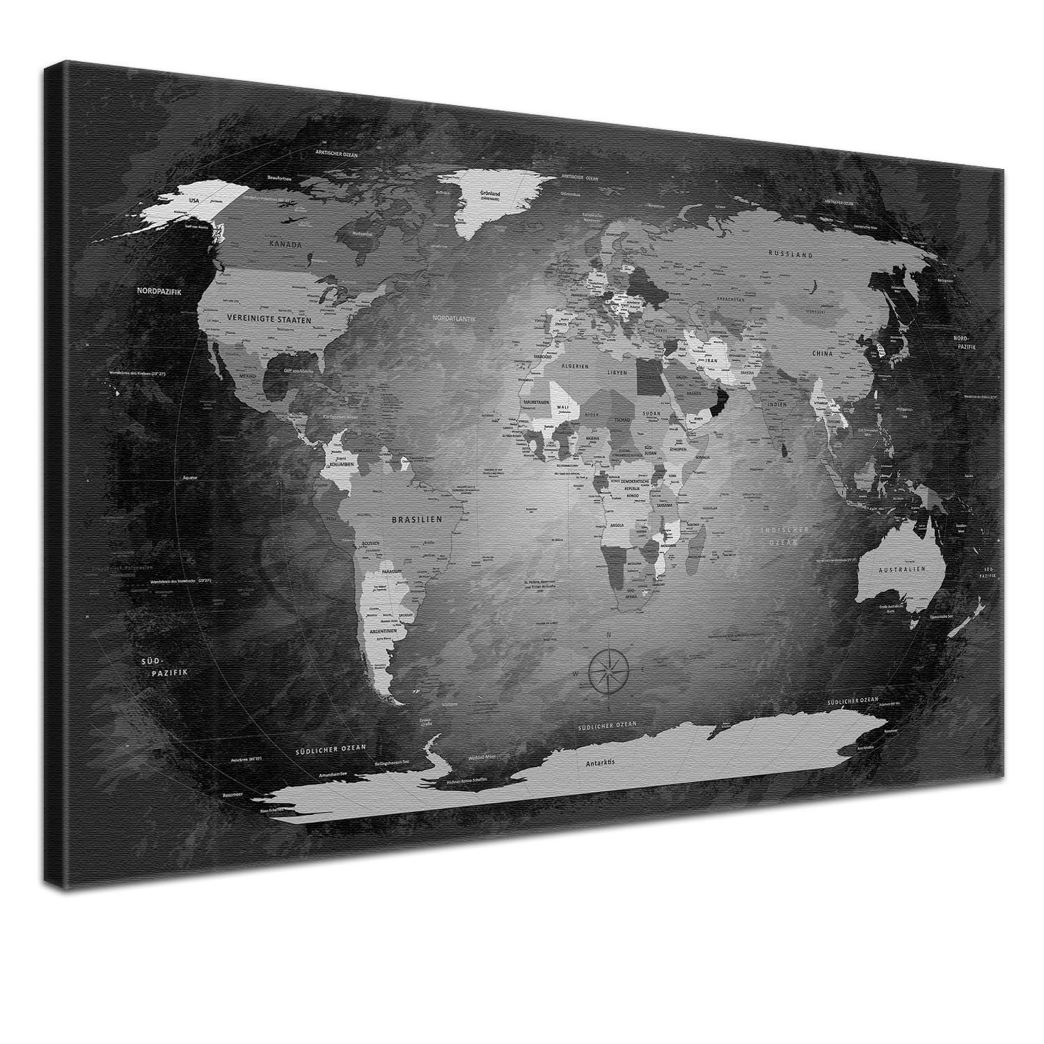 LANA KK Leinwandbild Weltkarte Pinnwand zum markieren von Reisezielen, deutsche Beschriftung Black & White