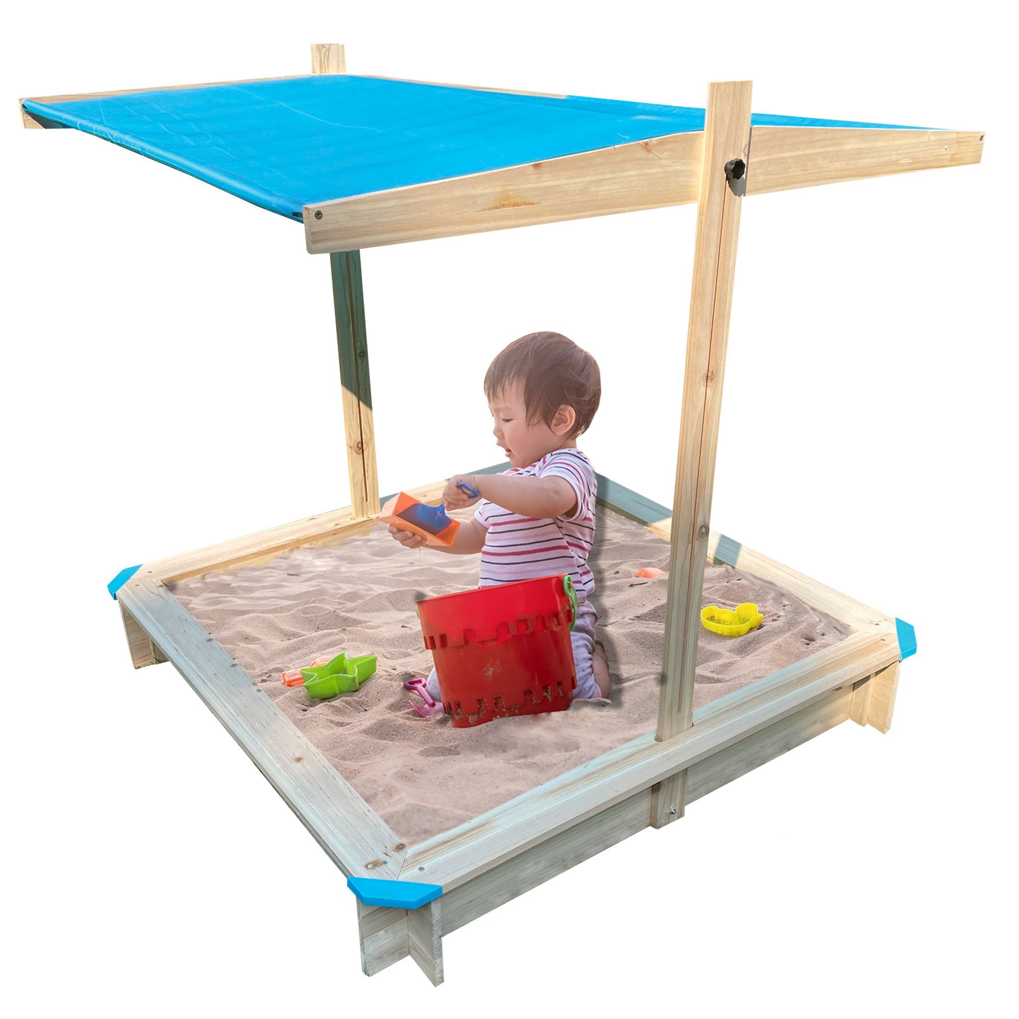 NYVI Sandkasten Sandkasten mit Dach NYVIKids Lucia 116x116 verstellbarer Sonnenschutz, Sandbox aus Holz Wetterfest, Langlebig - Sandkiste Kindersandkasten