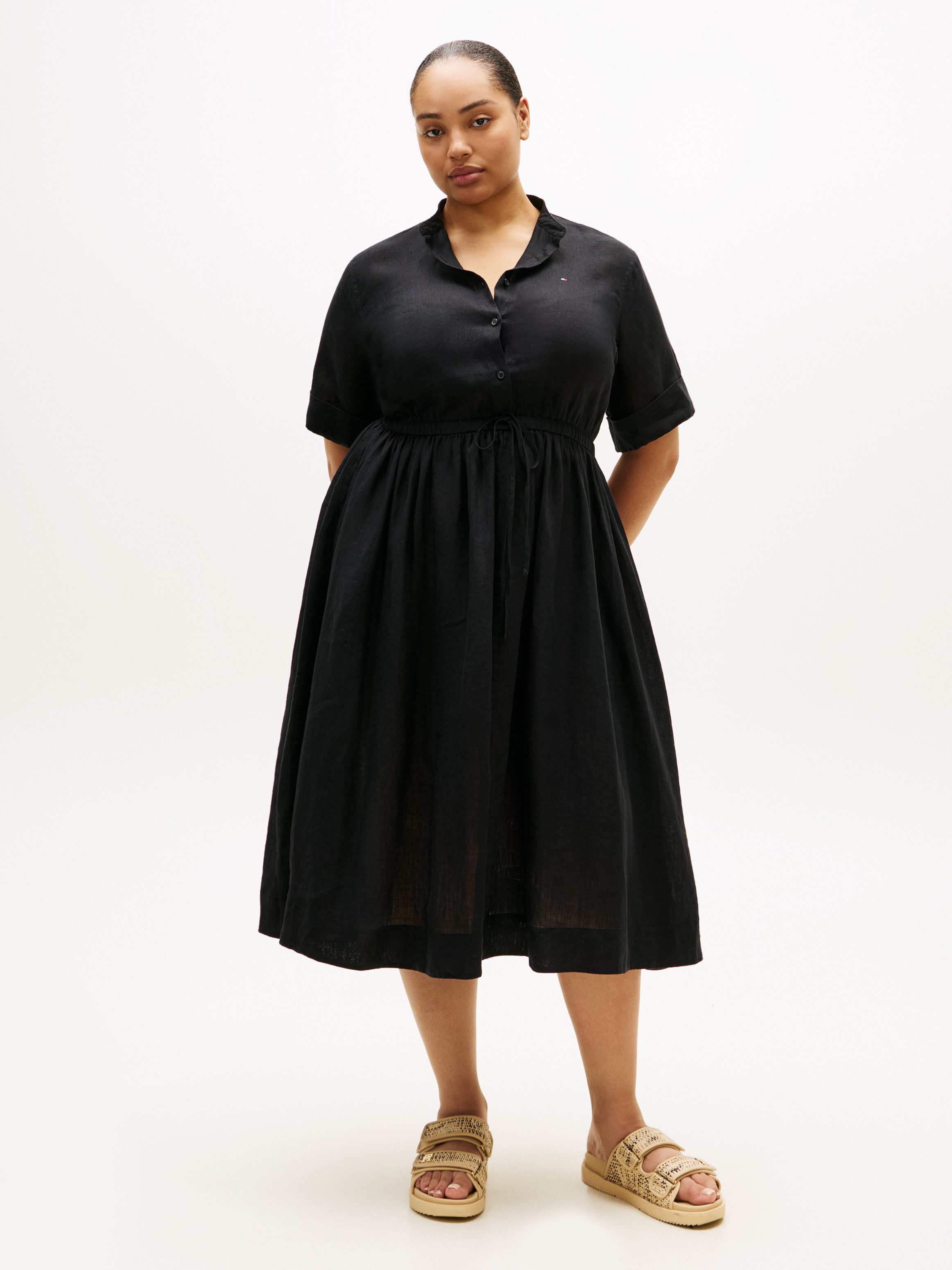 Tommy Hilfiger Curve Midikleid CRV LINEN MIDI SHIRT DRESS SS in großen Größen, Taille mit Bindeband