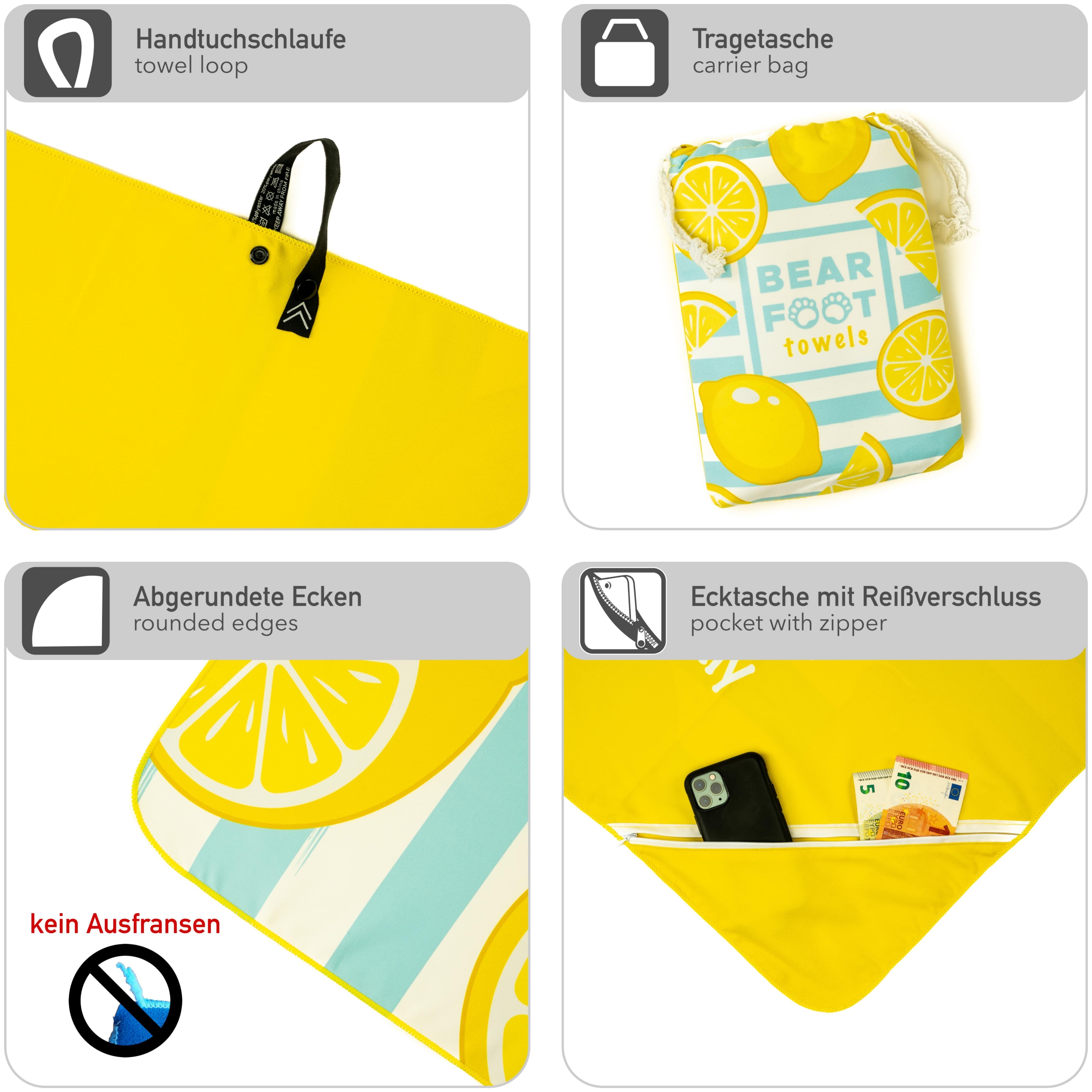 (1-St), Tasche, Lemon mit Mikrofaser BEARFOOT Reisehandtuch Saunatuch, Fitnesshandtuch, Handtuch Badetuch, Mikrofaser Strandhandtuch, Strandtuch