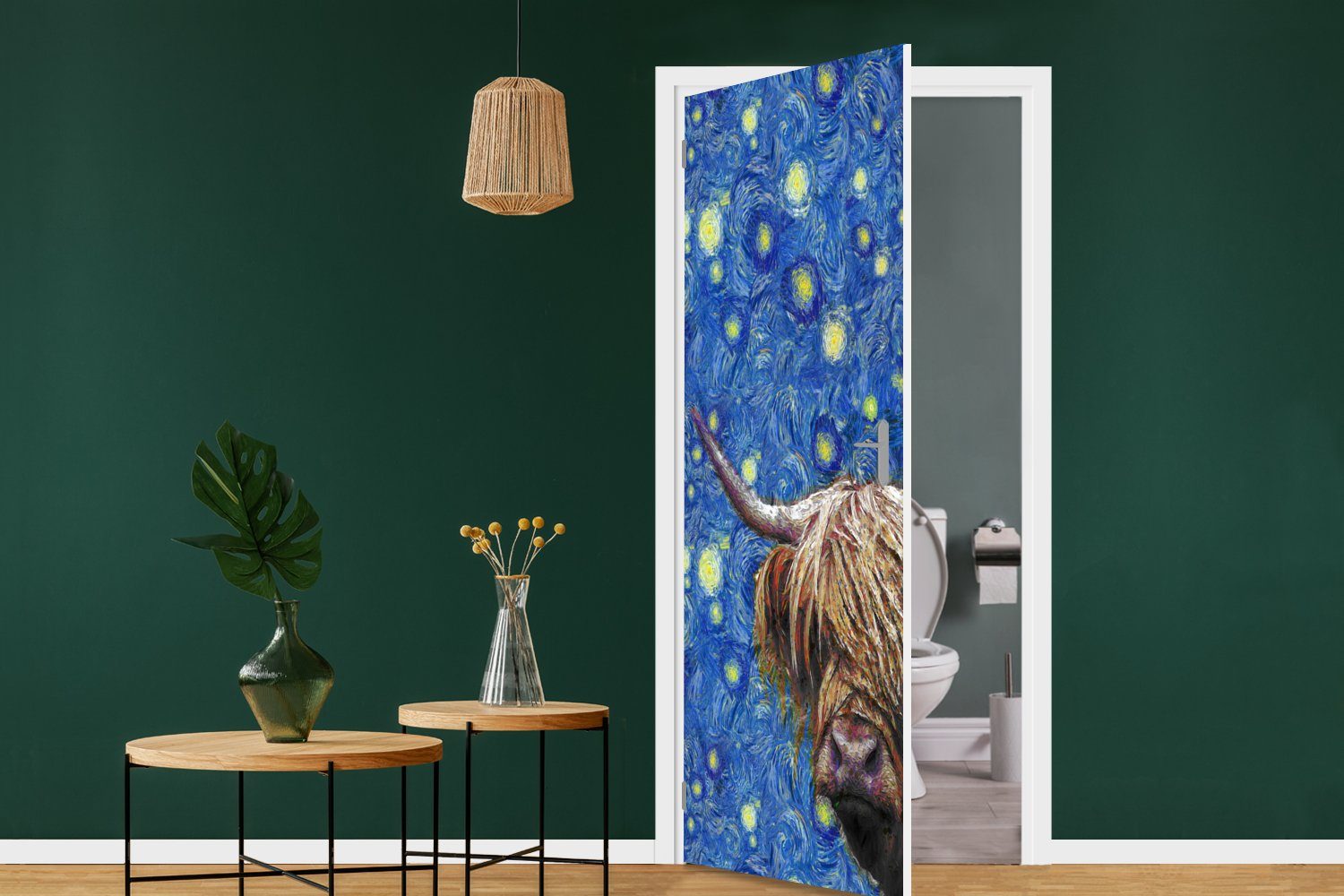 (1 Türaufkleber, Van St), bedruckt, cm Türtapete Schottischer - Tür, Fototapete für - 75x205 Highlander, Gogh MuchoWow Matt, Sternennacht
