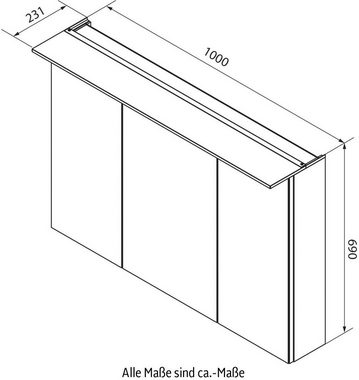 FACKELMANN Spiegelschrank PE 100 - Dark-Oak Badmöbel Breite 100 cm, 3 Türen, mit beleuchtetem Unterboden