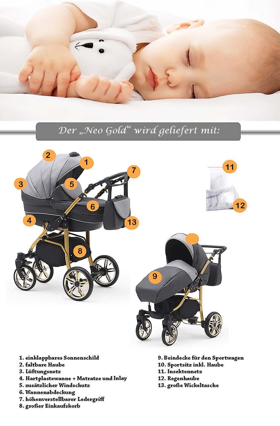 BabyMerc Kombi-Kinderwagen Neo Gold 2 in 1 inkl. Sportsitz und umfangreichen Zubehör in 22 Farben