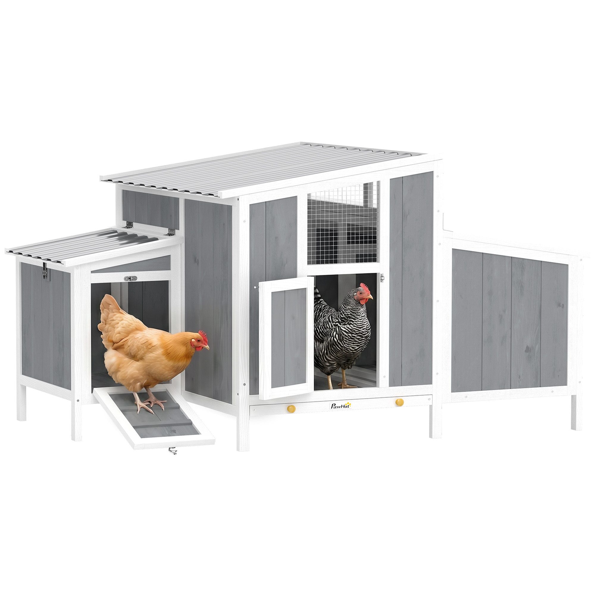 PawHut Hühnerstall Hühnerhaus aus Holz mit abschließbarer Tür, wasserdichtem PET-Dach, für 3-4 Hühner, für Garten, 145 x 90 x 92 cm, Grau