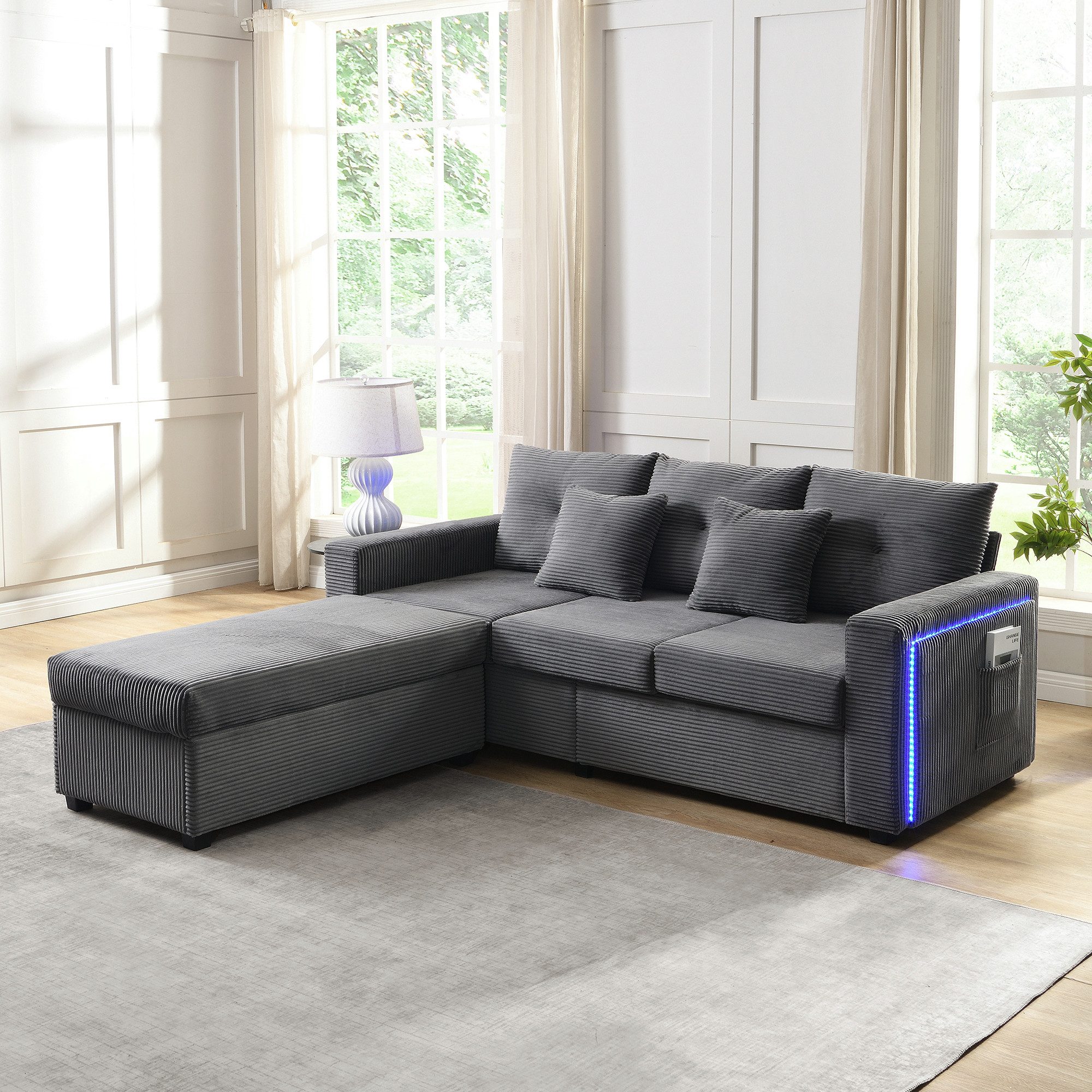 Merax 3-Sitzer L-förmiges Sofa mit LED-Beleuchtung, Wolkenweiches Sitzgefühl, Modulares Design, Cordstoff 1 Teile, 3-Sitzer Sofa mit Extra großer Ottoman, Seite – Bild 2 von 5