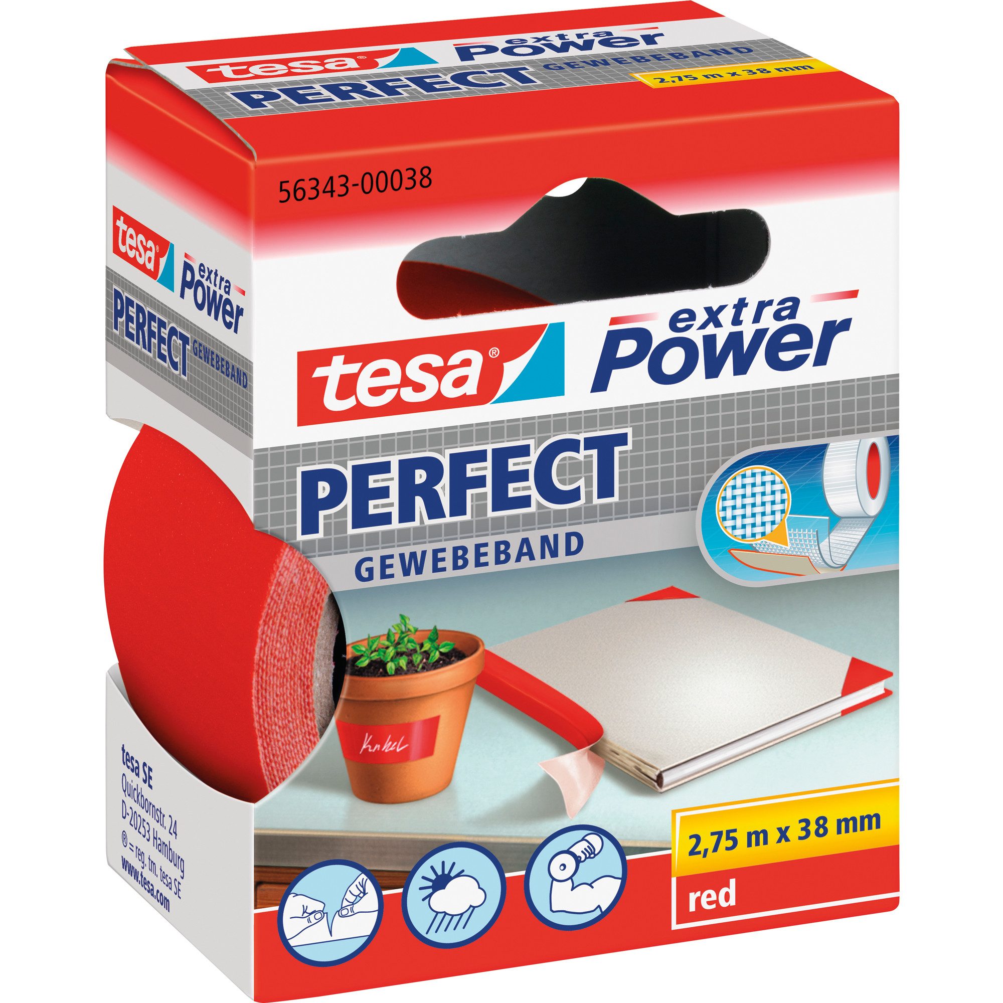 Klebestreifen tesa Gewebeband 38mmx2,75m rot Nr. 56343-00038, extra stark