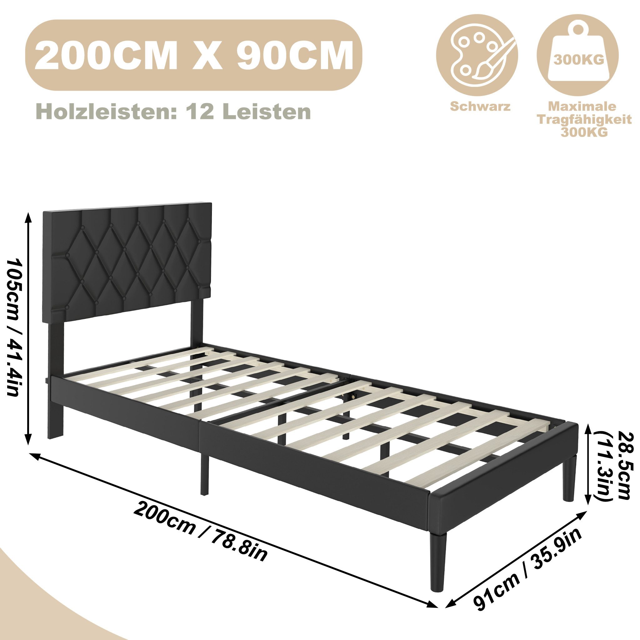 FIVMEN Bettgestell Bettrahmen Polsterbett Bett Metall mit Kopfteil und Lattenrost, Lattenrost Bett Metall Plattform Leder Kopfteil Matratzenfundament