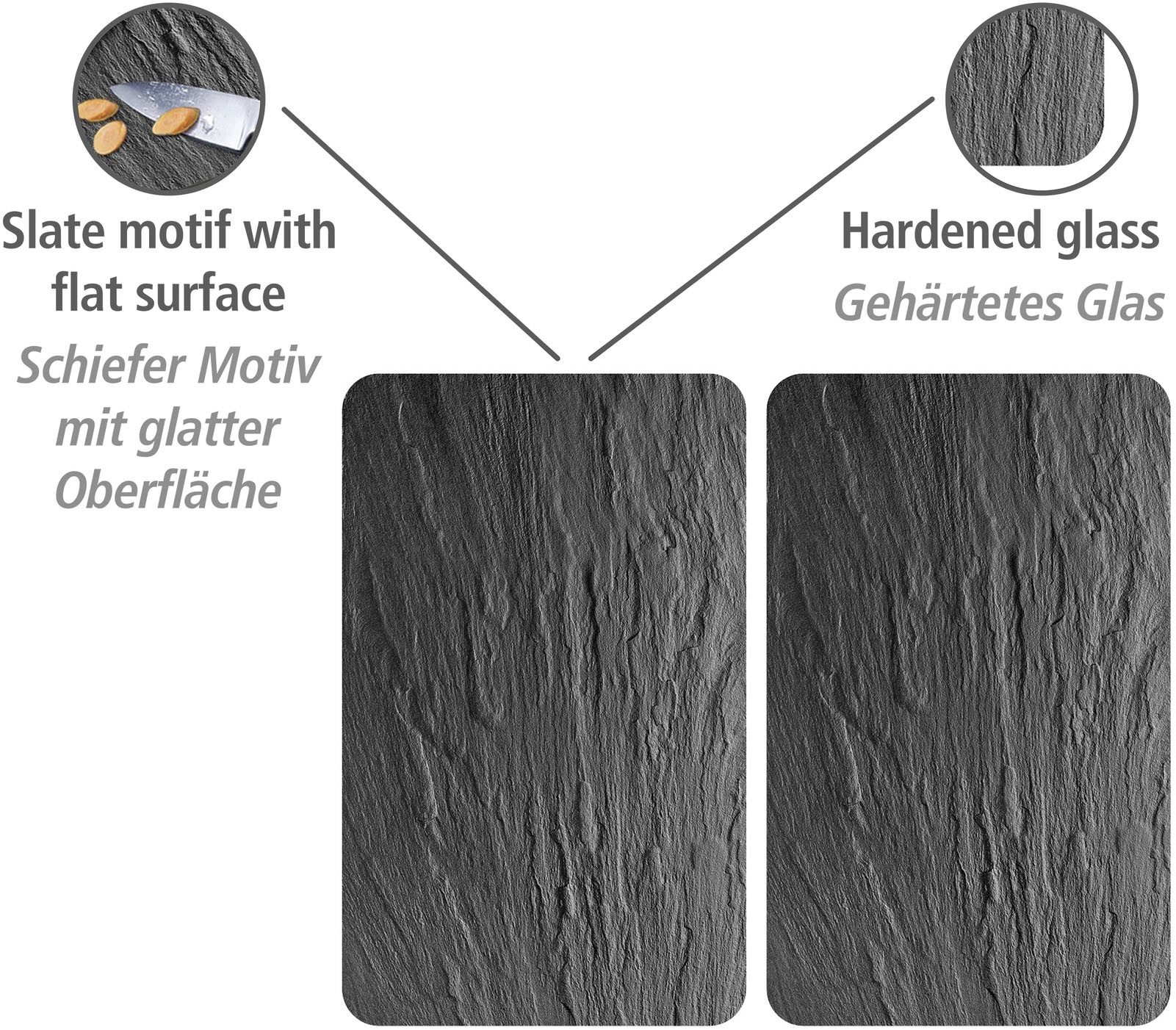 WENKO Herd-Abdeckplatte Universal Modell Schiefer XL, Glas, (Set, 2 tlg), Herdabdeckung für alle Herdarten, kratzfest, mit rutschfesten Füßen