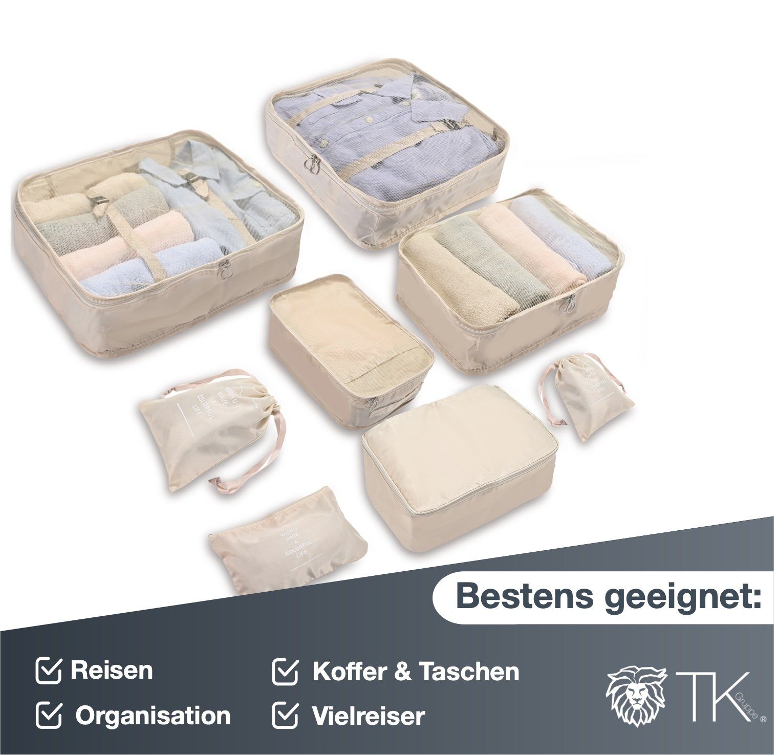 TK Gruppe Kofferorganizer mit Koffer beige Packtaschen Set (8-tlg) Organizer und Kosmetiktasche 8er