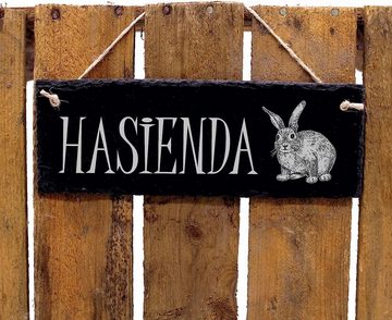 Dekolando Hinweisschild Hasen Schild aus Schiefer - Hasienda - Kaninchen Stall Türschild, 22 x 8 cm mit Juteband