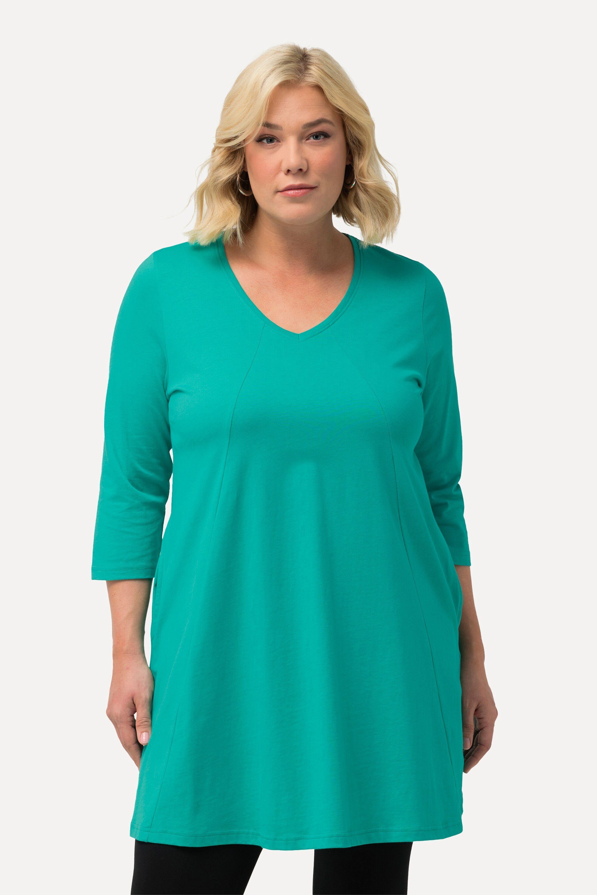 Ulla Popken Longshirt Longshirt Ziernähte A-Linie V-Ausschnitt 3/4-Arm