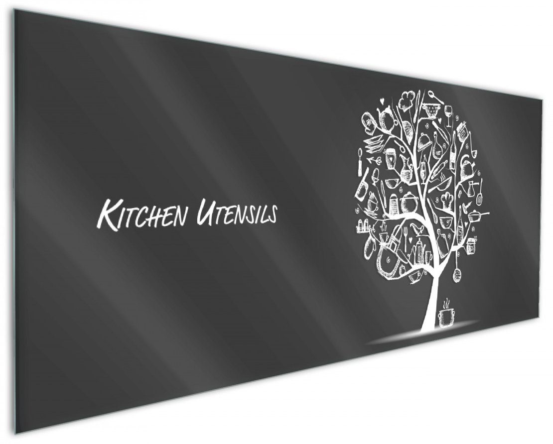 Wallario Küchenrückwand Kitchen Utensils - Baum aus Küchenutensilien in schwarz weiß, (1-tlg)
