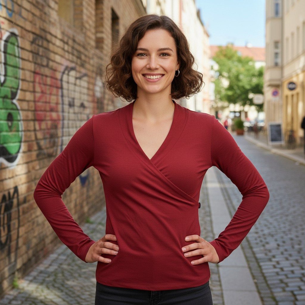 Guru-Shop Longsleeve Langarmshirt im Wickellook mit Daumenloch,.. alternative Bekleidung