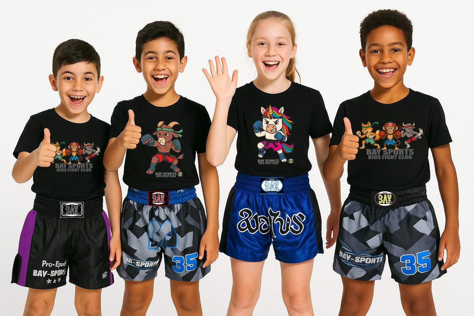 BAY-Sports Print-Shirt Wild Kids Club Fighter Kickboxen MMA Boxen Thaiboxen Muay Thai Karate (Stück) Kinder, Kids Affe, Bison und Fuchs – das tierisch starke Fighter