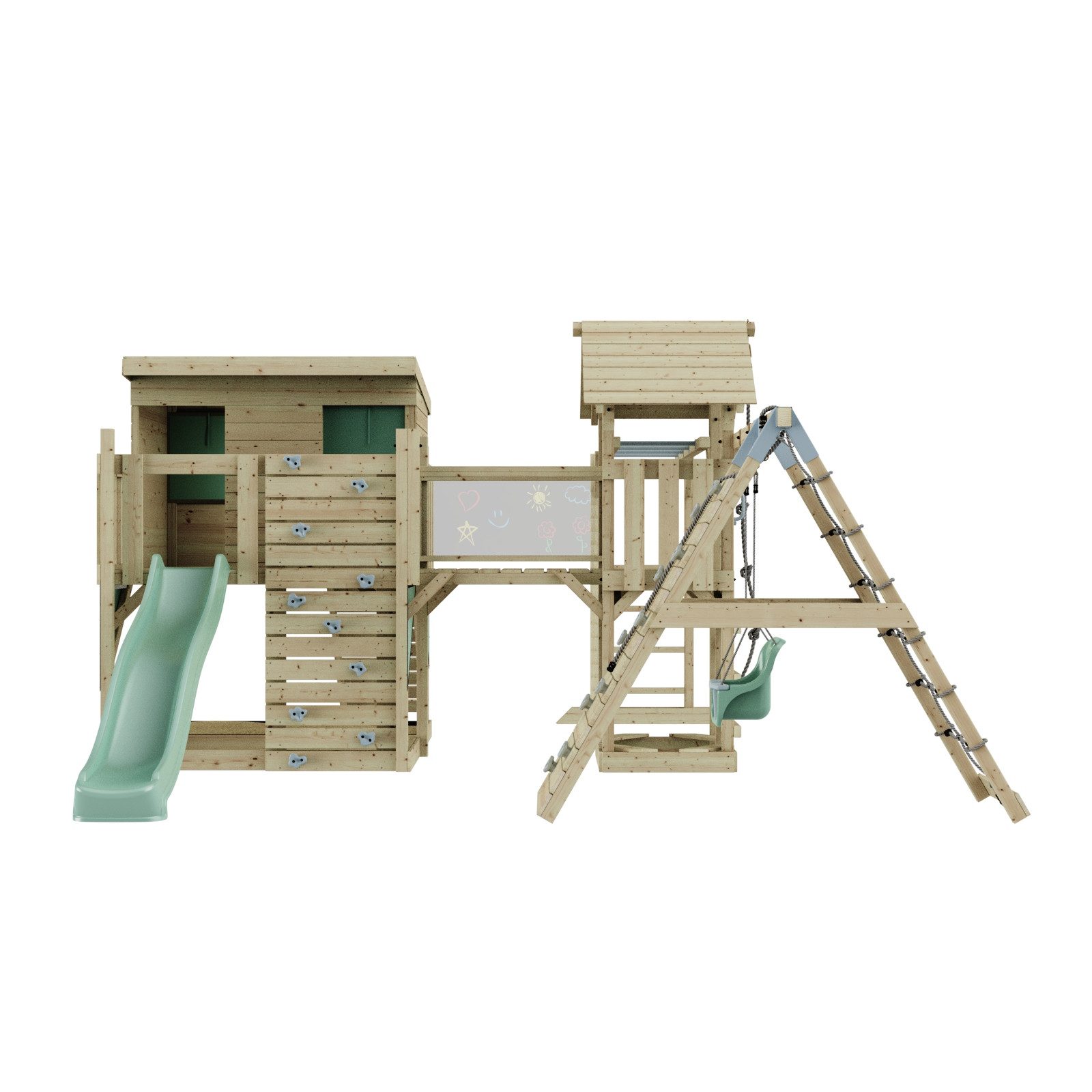OutdoorToys Spielturm Bene, aus Holz in Mintgrün mit Babyschaukel & Rutsche, Kletterwand