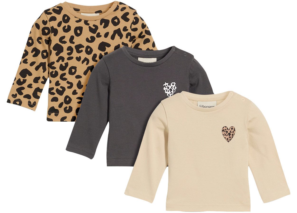 bonprix Longshirt (Packung) für Babys, im 3er-Pack, mit Leo-Print, aus Baumwolle, bequeme Passform